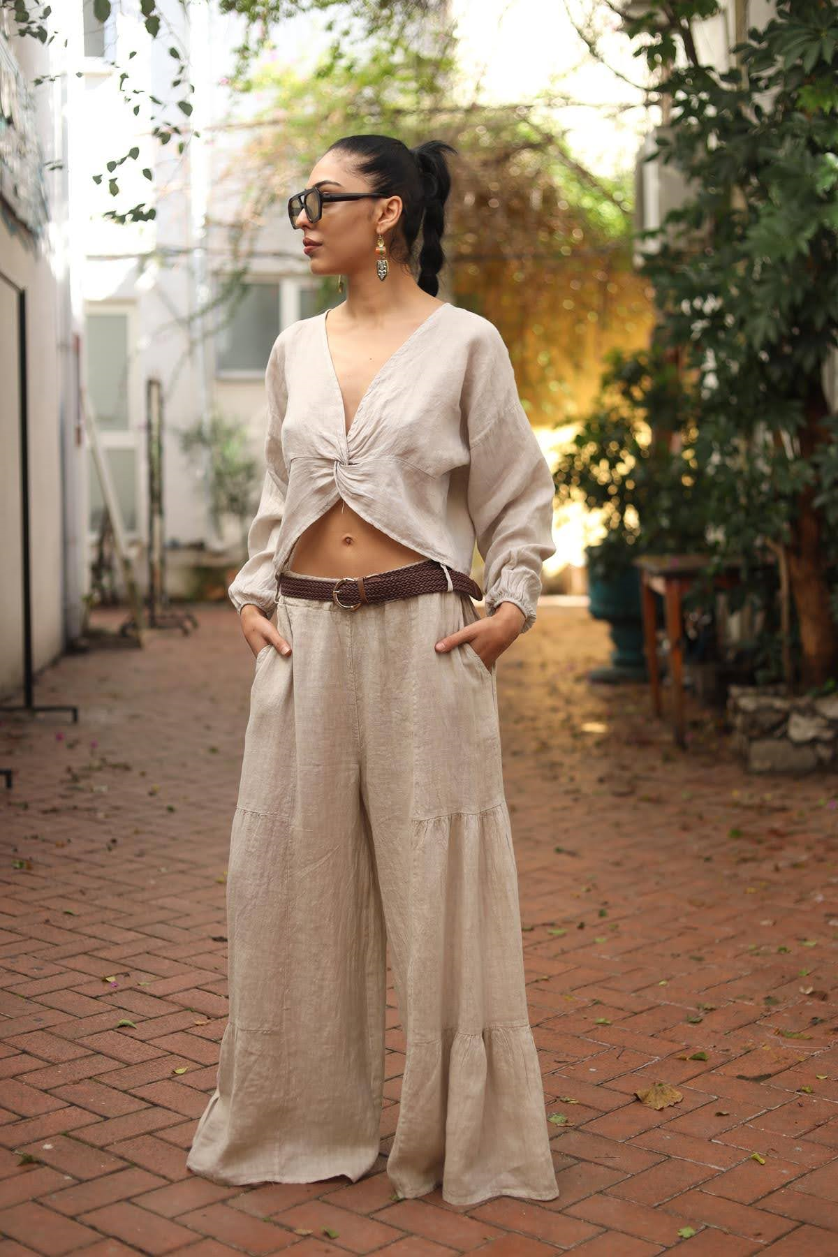 Bej Dikiş Detaylı Salaş Keten Pantolon