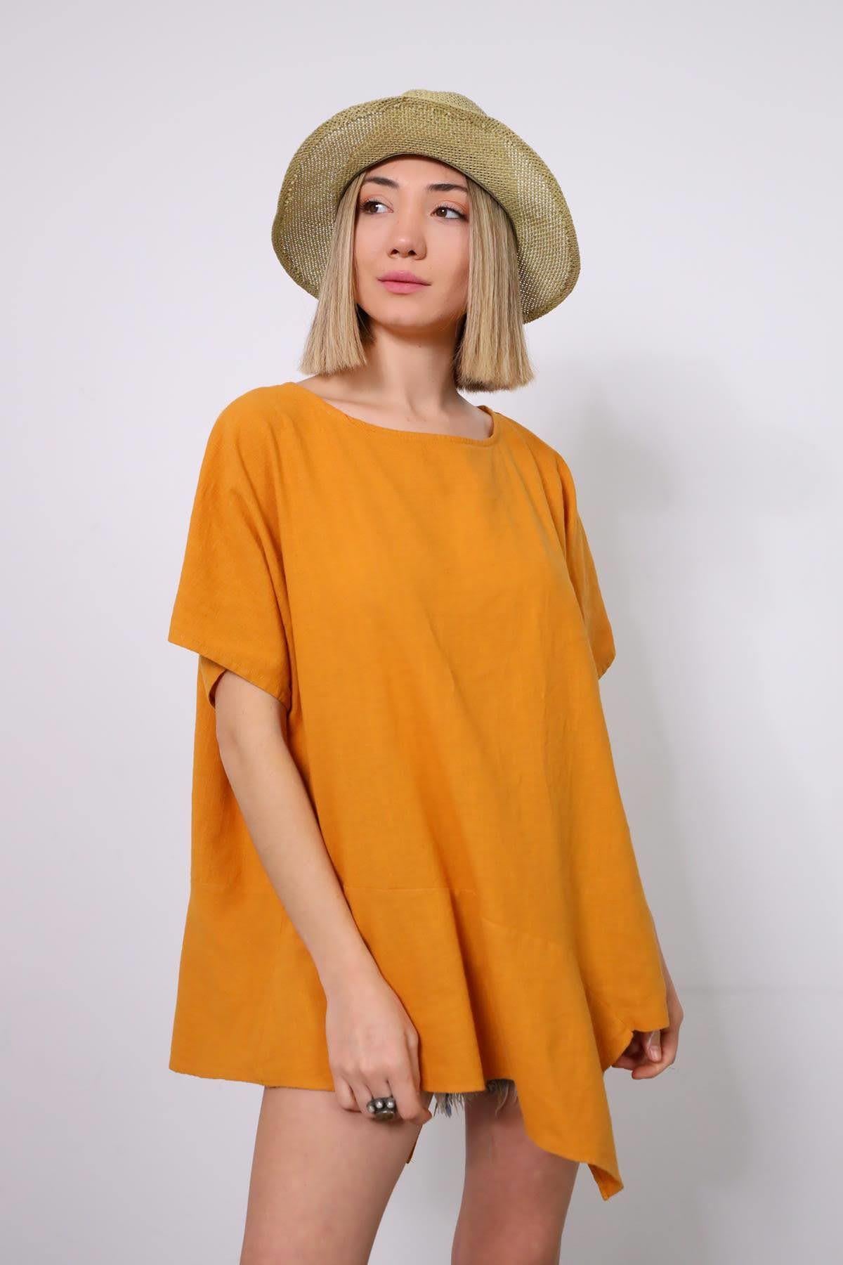  Hardal Rengi Asimetrik Keten Bluz