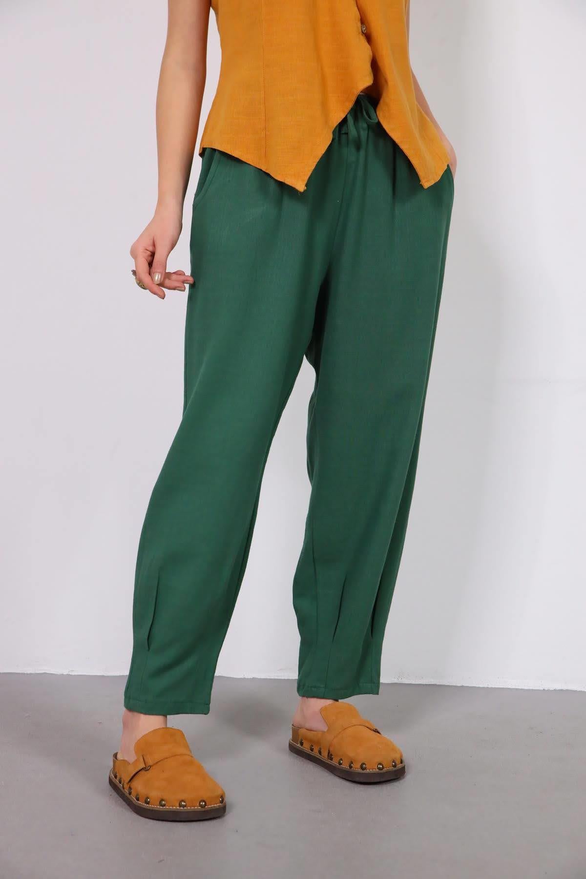  Yeşil Paçası Pileli Keten Pantolon