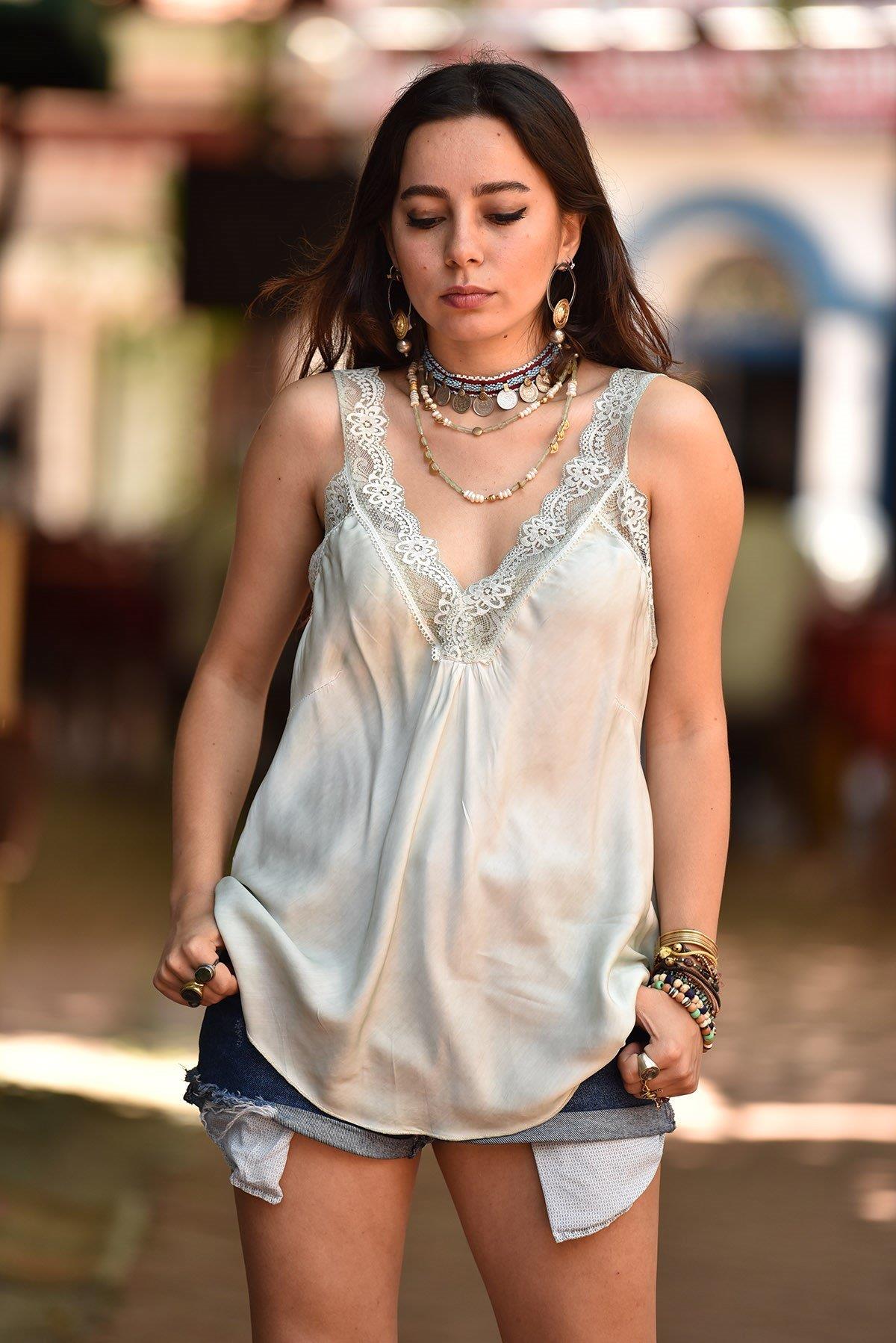 Sea Green Lace Embroidered Tank Top