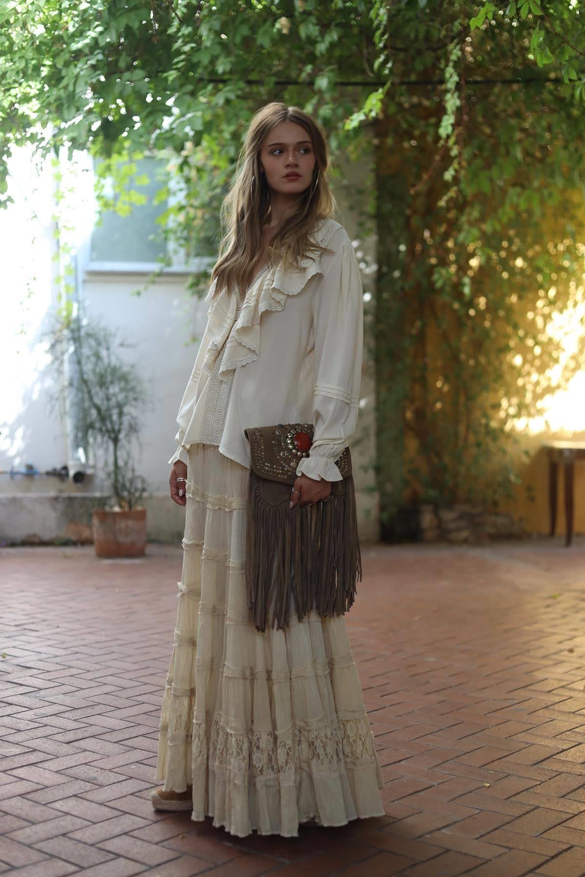 Ekru Beli Gipeli Parça Detaylı Dantelli Bohem Etek