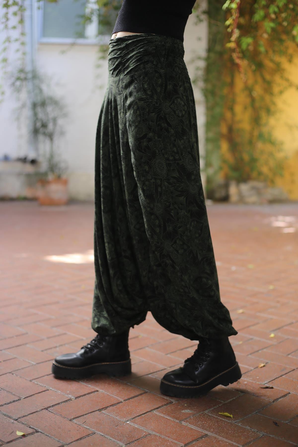 Yeşil Desenli Drape Düşük Ağlı Şalvar