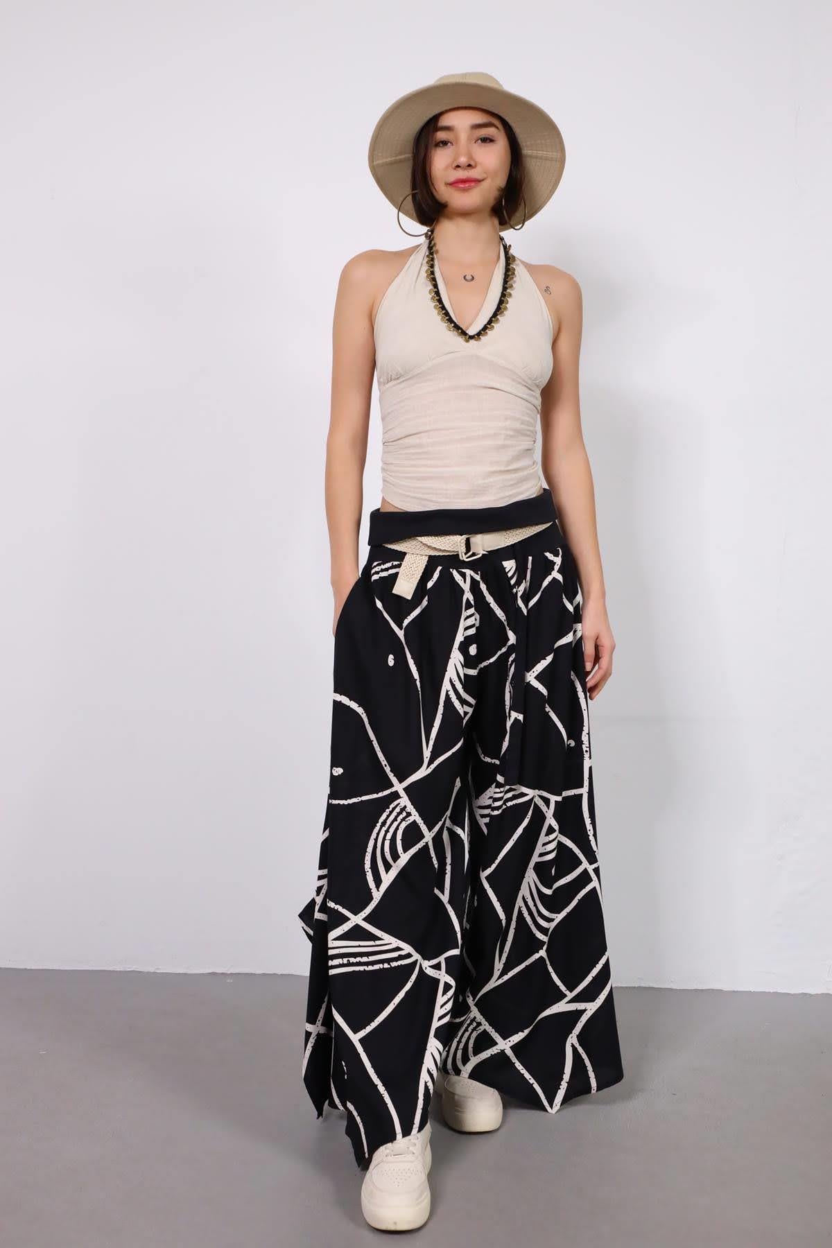  Siyah Desenli Beli İpli Yırtmaçlı Yarasa Pantolon