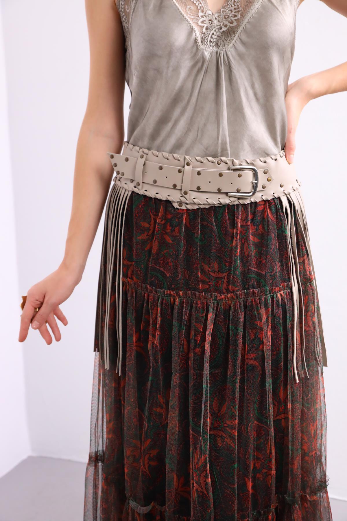 Gri Püsküllü Deri Kemer - Şaman Butik Gri Püsküllü Deri Kemer