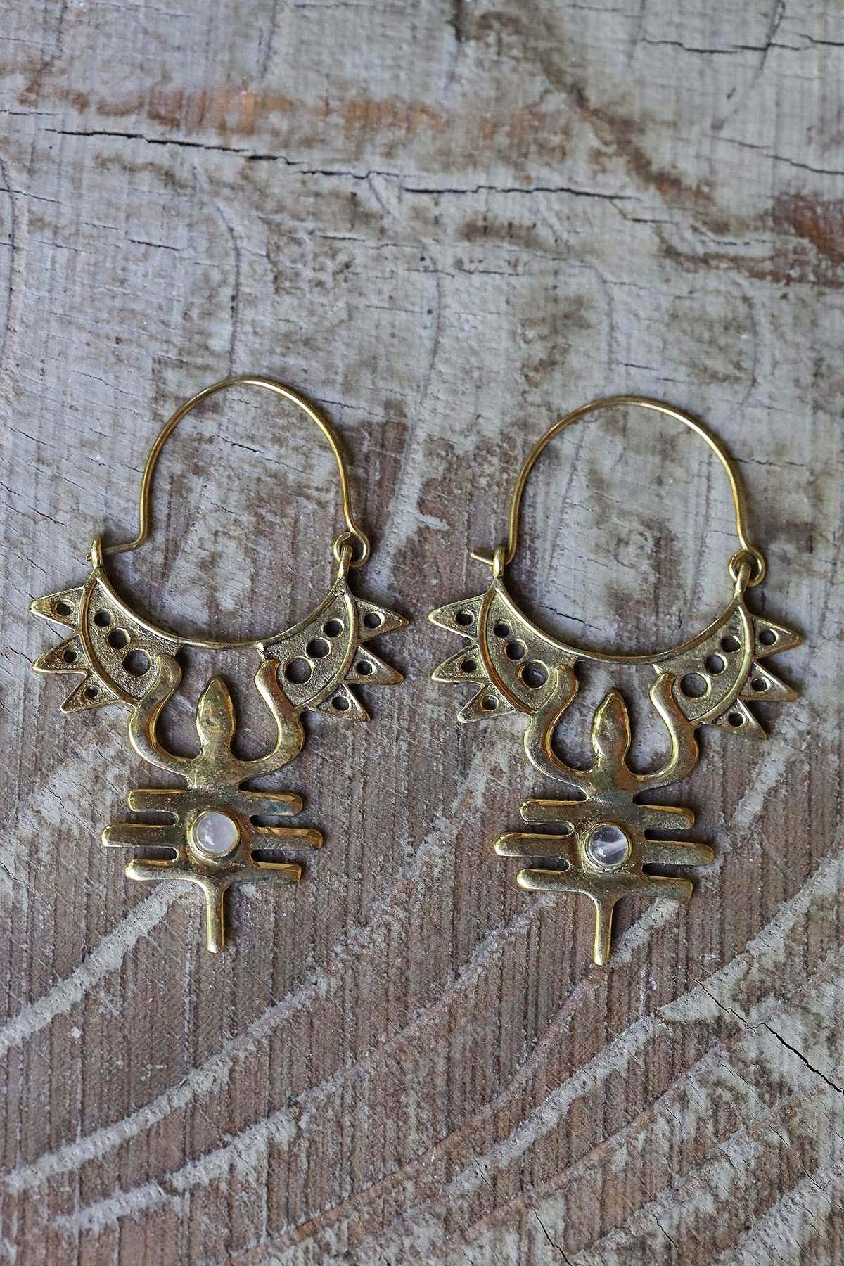 Doğal Taşlı Bronz Antik Tasarım Küpe