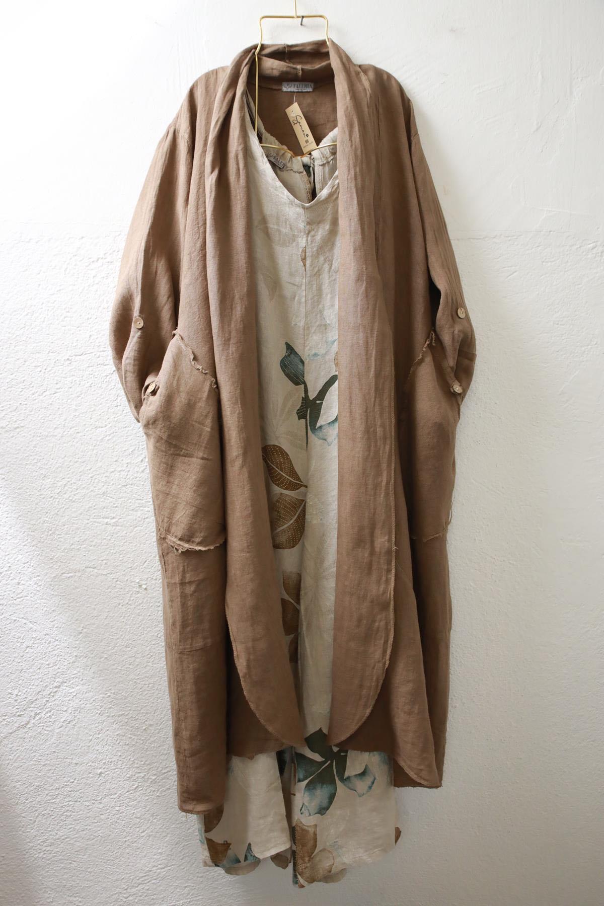 Toprak Rengi Cebi Düğmeli Keten Kaftan