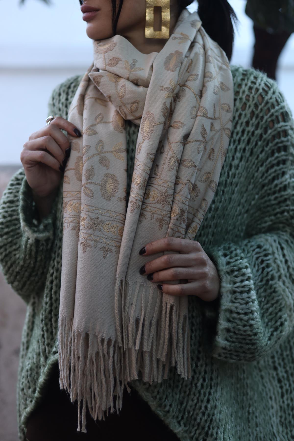 Bej Nakışlı Kaşmir Şal