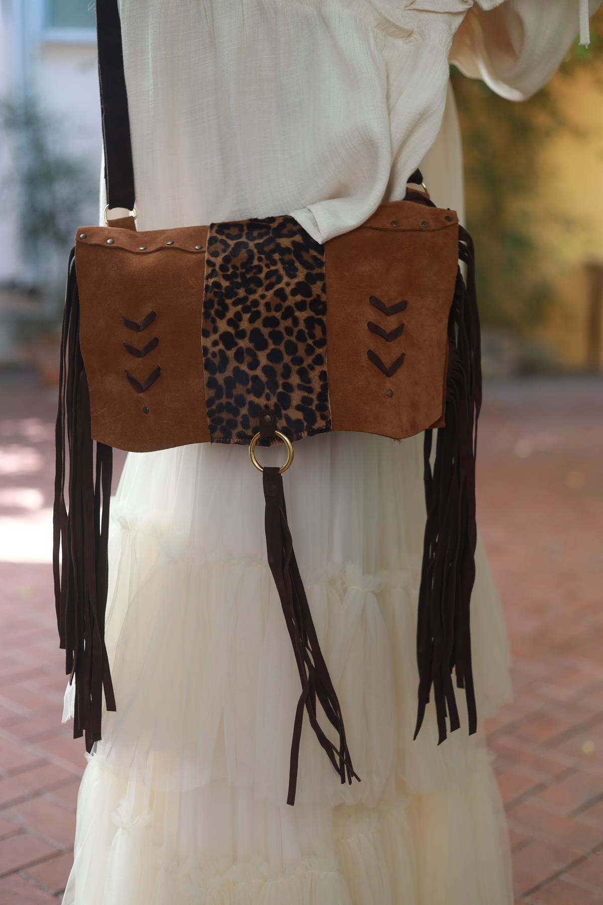 Tan Tassel Studded Leather Bag