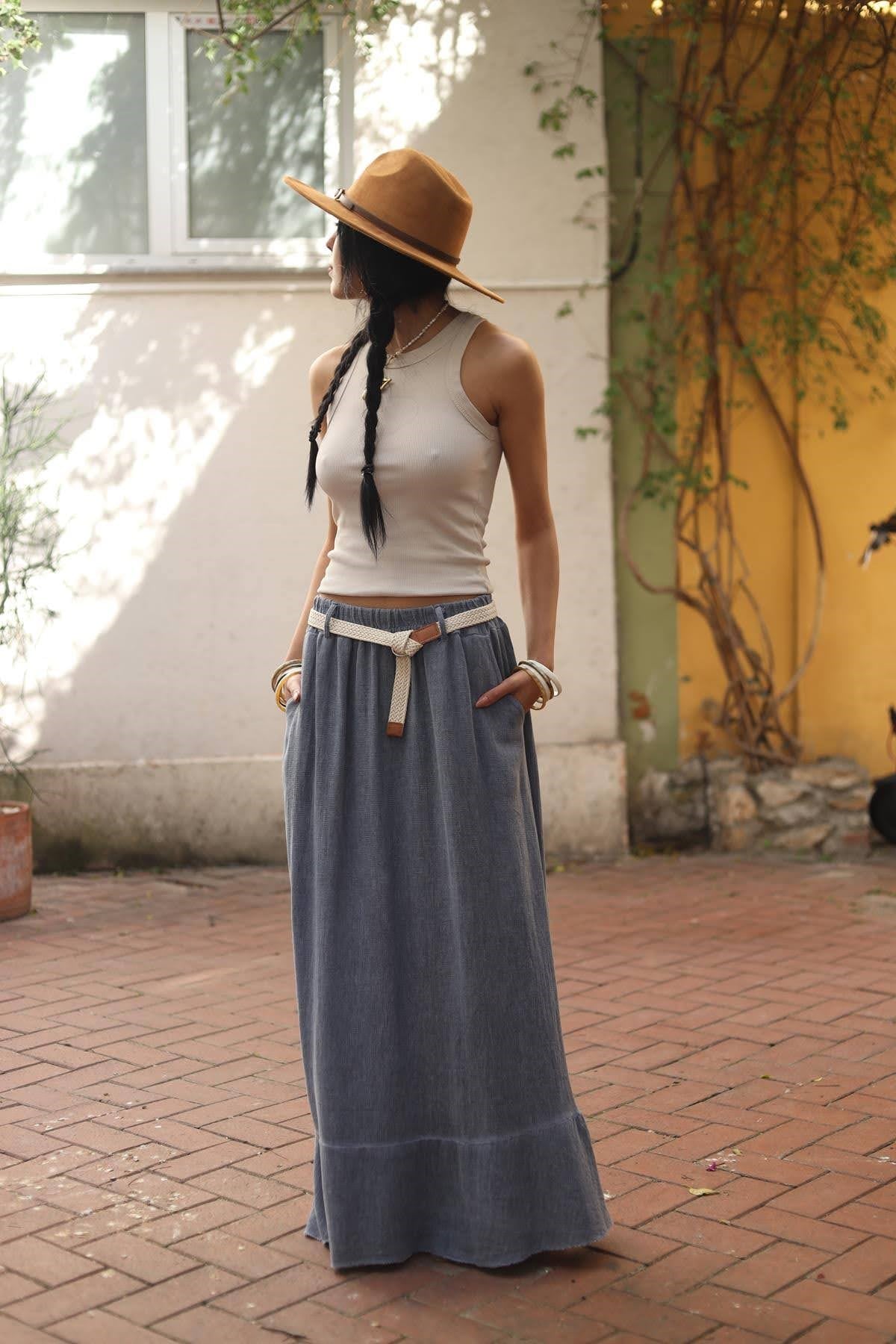 İndigo Mavi Parça Detaylı Soft Keten Etek