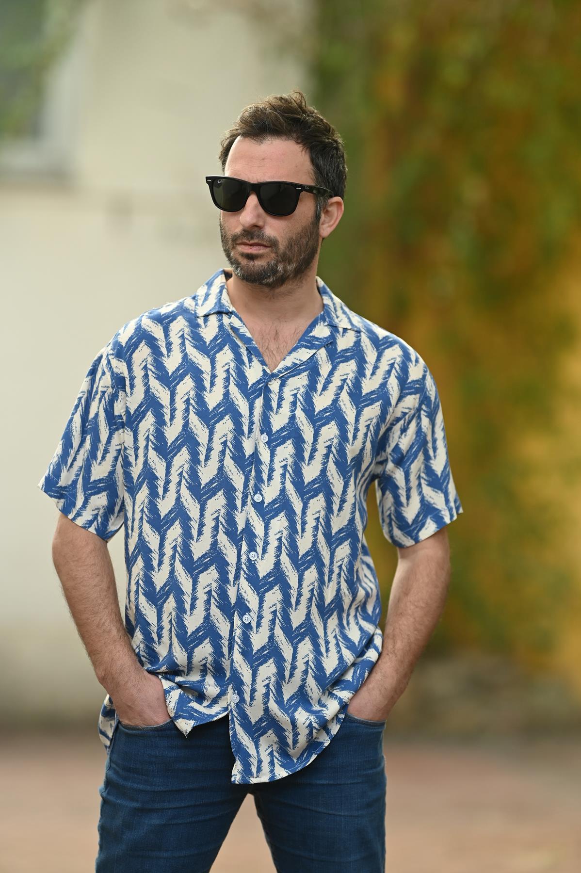 Indigo Blue Patterned Short Sleeve Men's Shirt