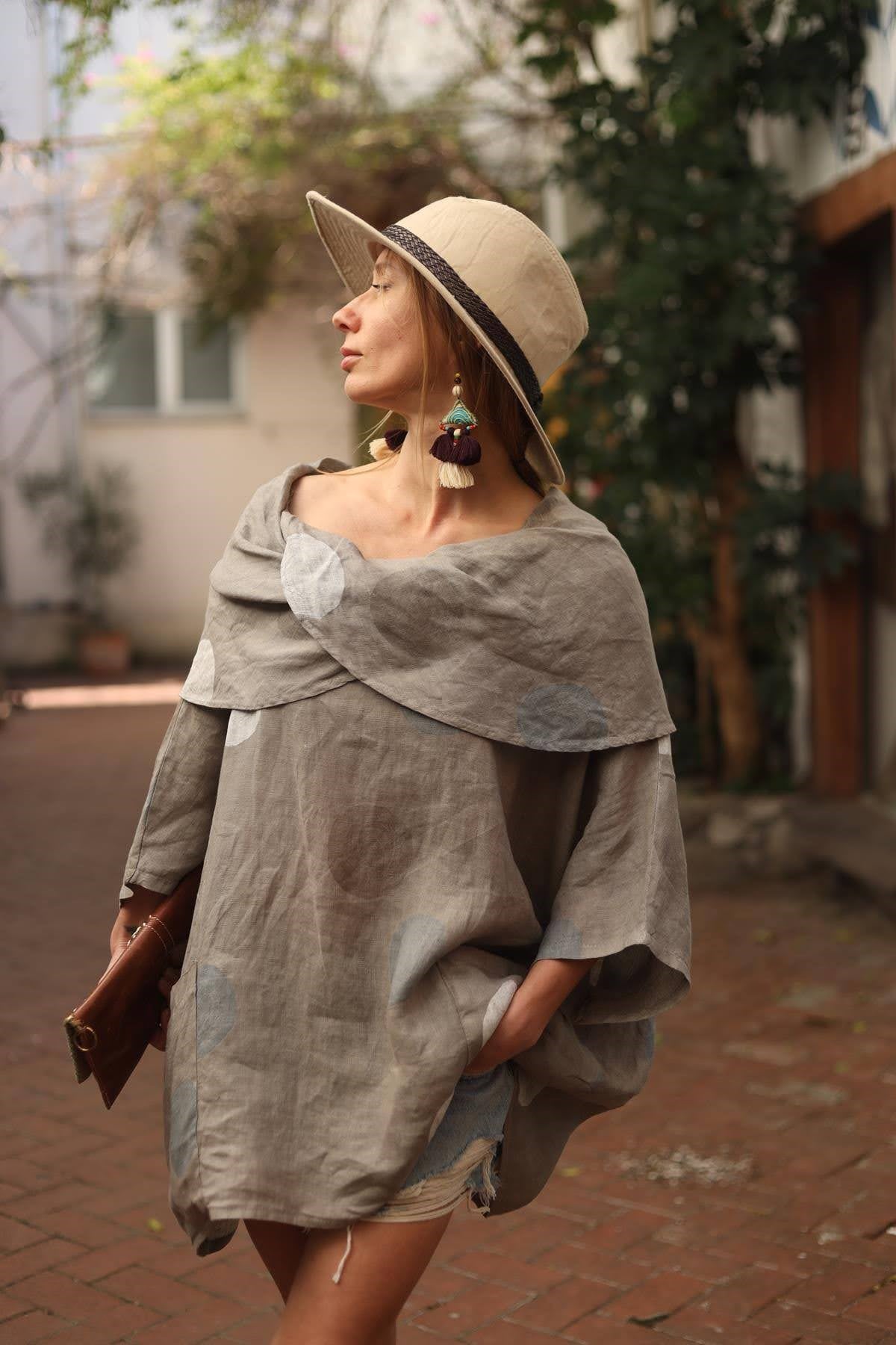 Vizon Rengi Puantiyeli Degaje Yaka Keten Bluz