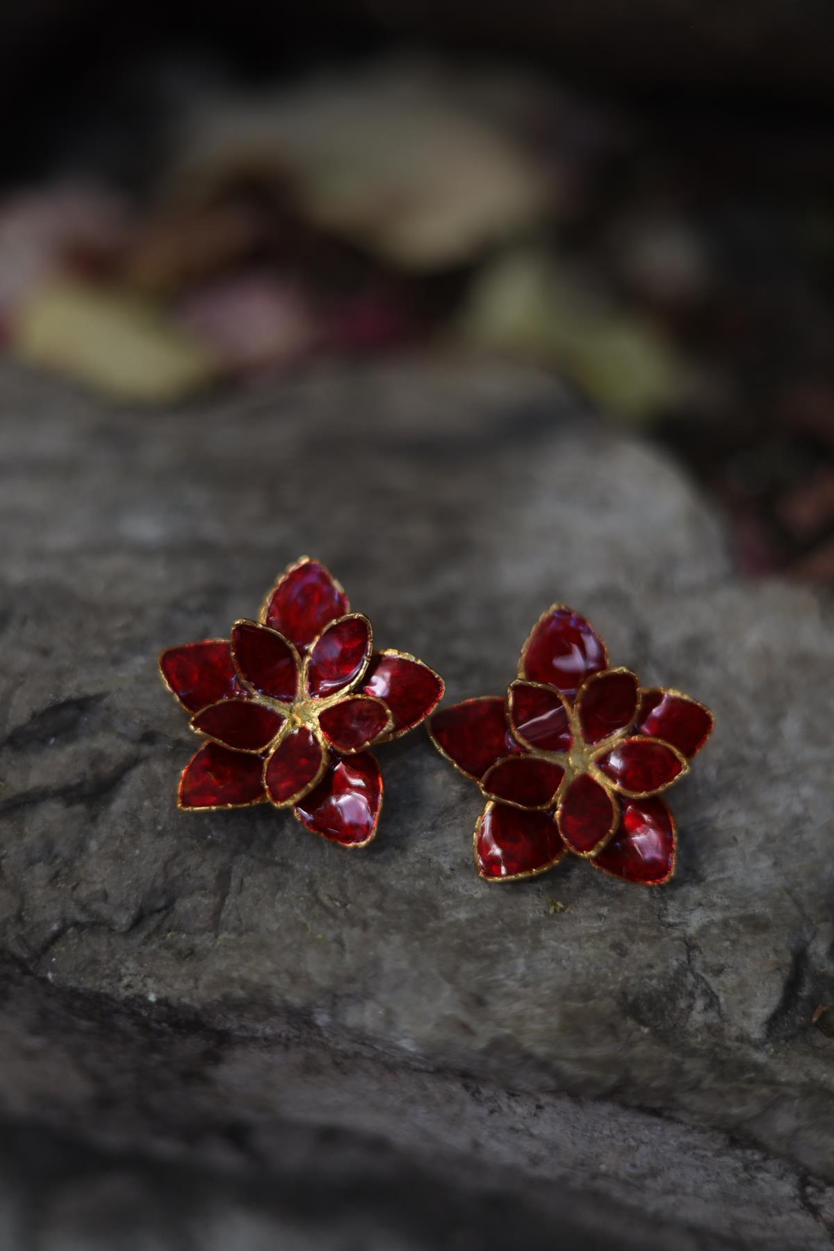 Burgundy Enameled Flower Earrings