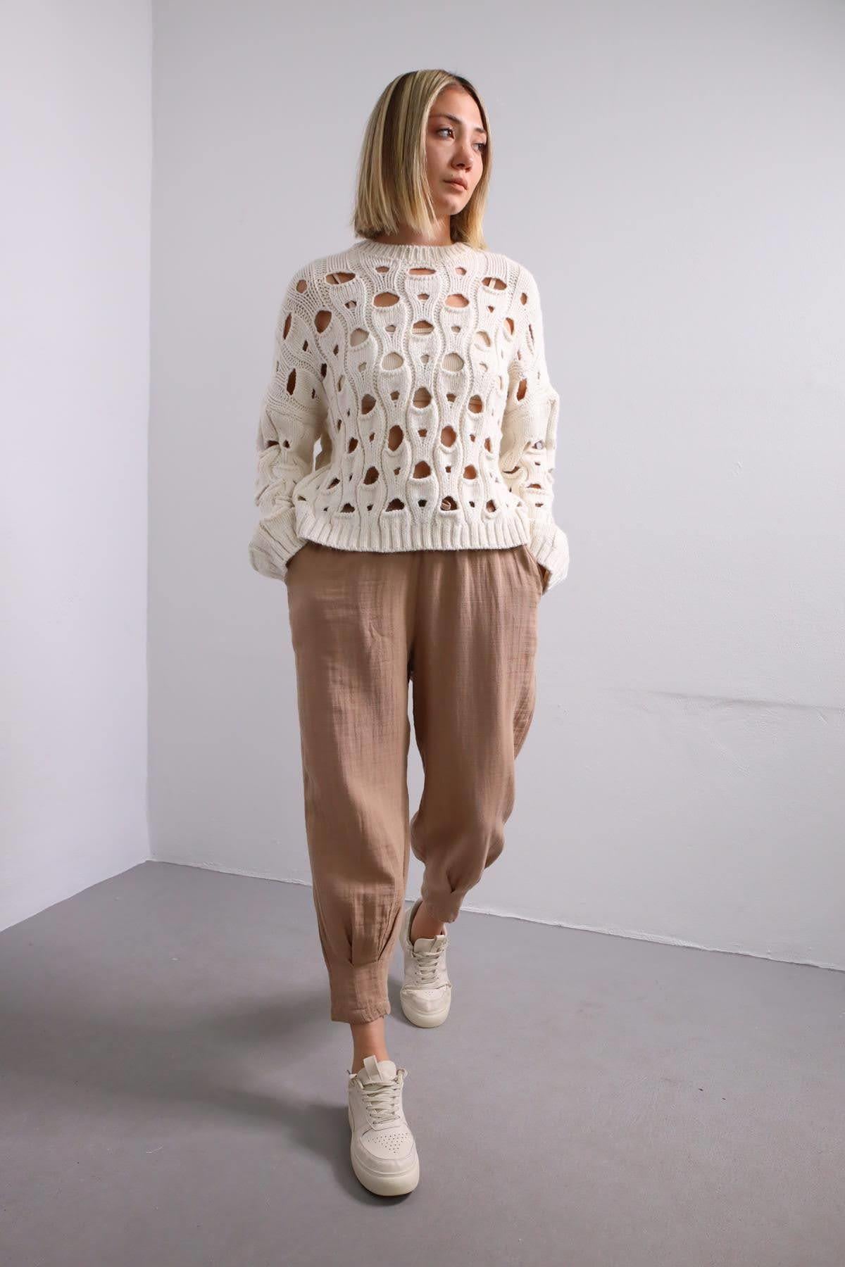 Sütlü Kahve Müslin Beli Lastikli Pantolon - Şaman Butik Sütlü Kahve Müslin Beli Lastikli Pantolon