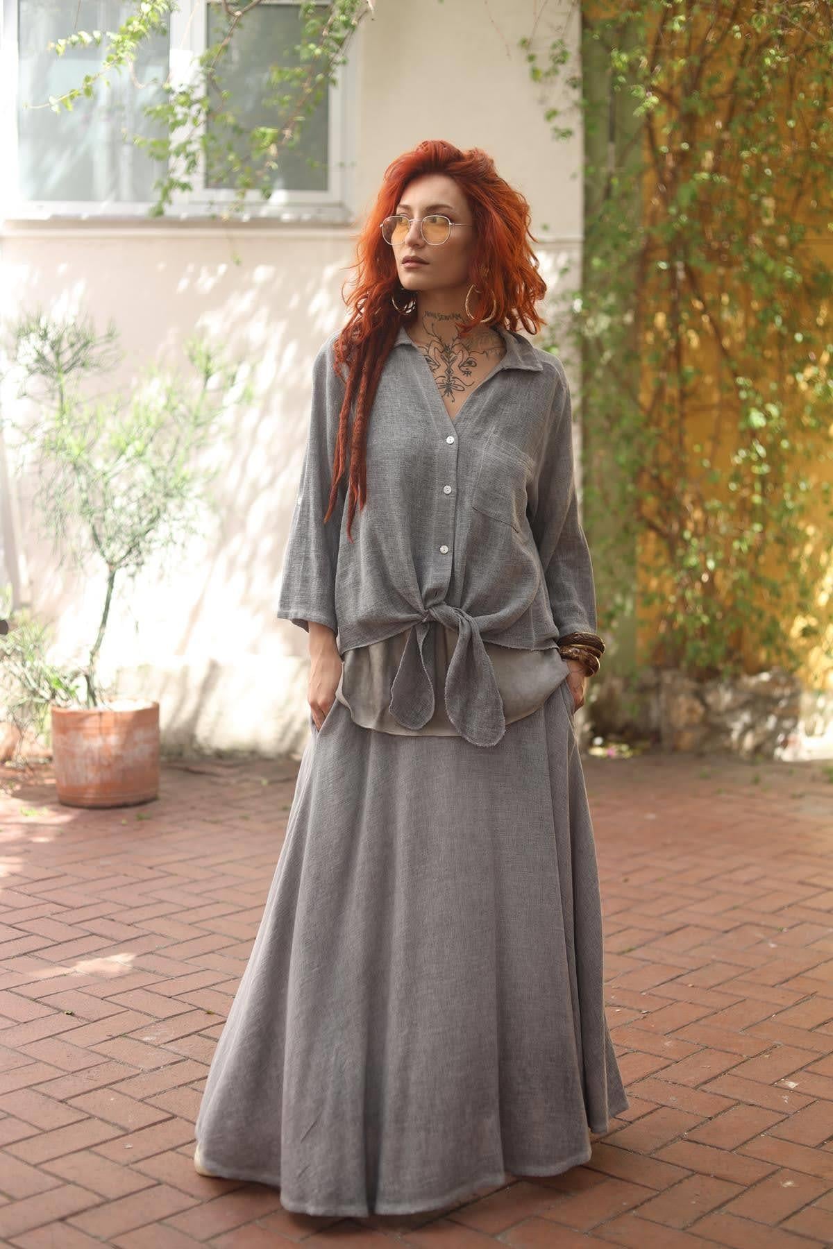 Gray Pocket Detailed Linen Shirt 