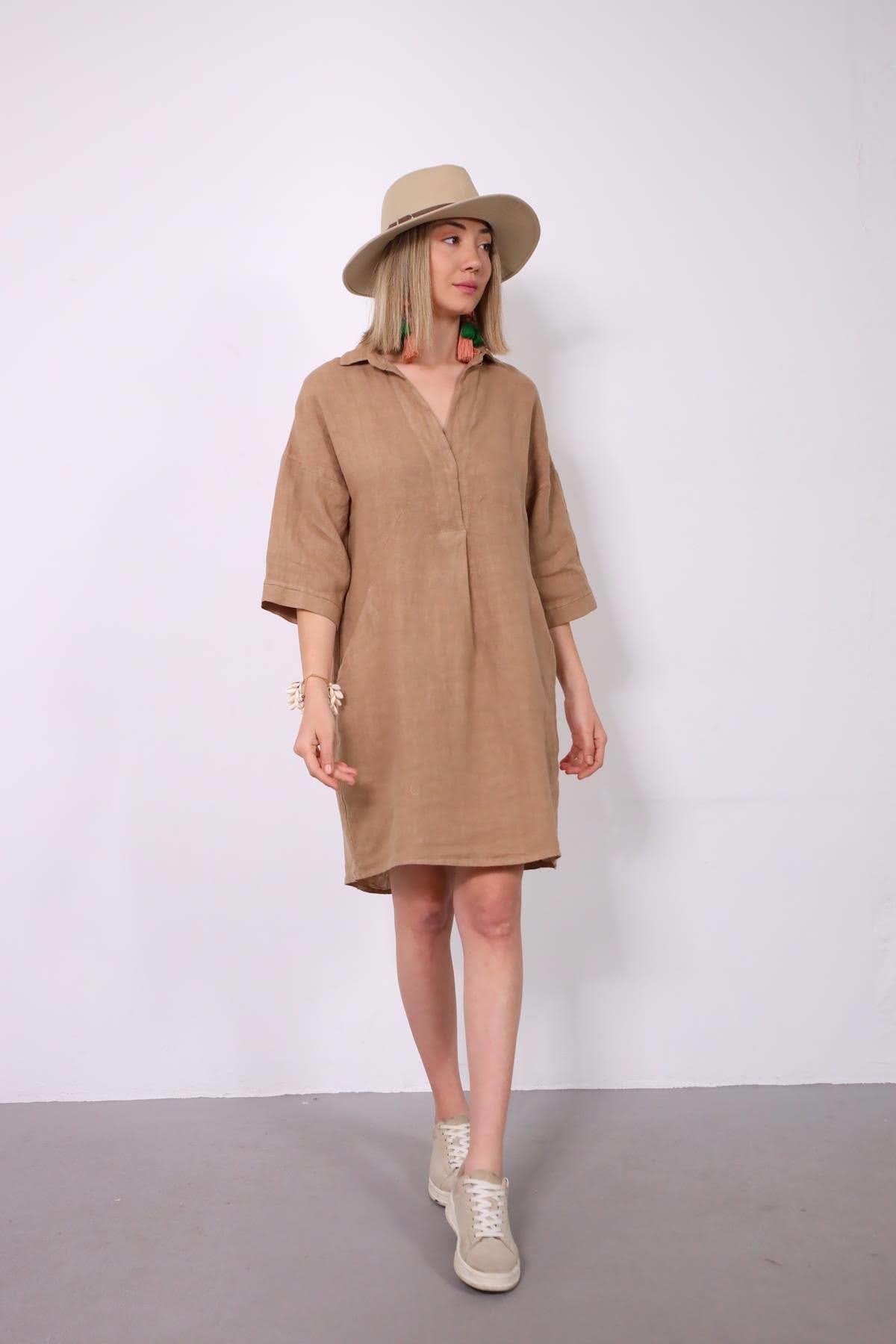 Sütlü Kahve Tek Düğmeli Önü Pileli Keten Elbise - Şaman Butik Sütlü Kahve Tek Düğmeli Önü Pileli Keten Elbise