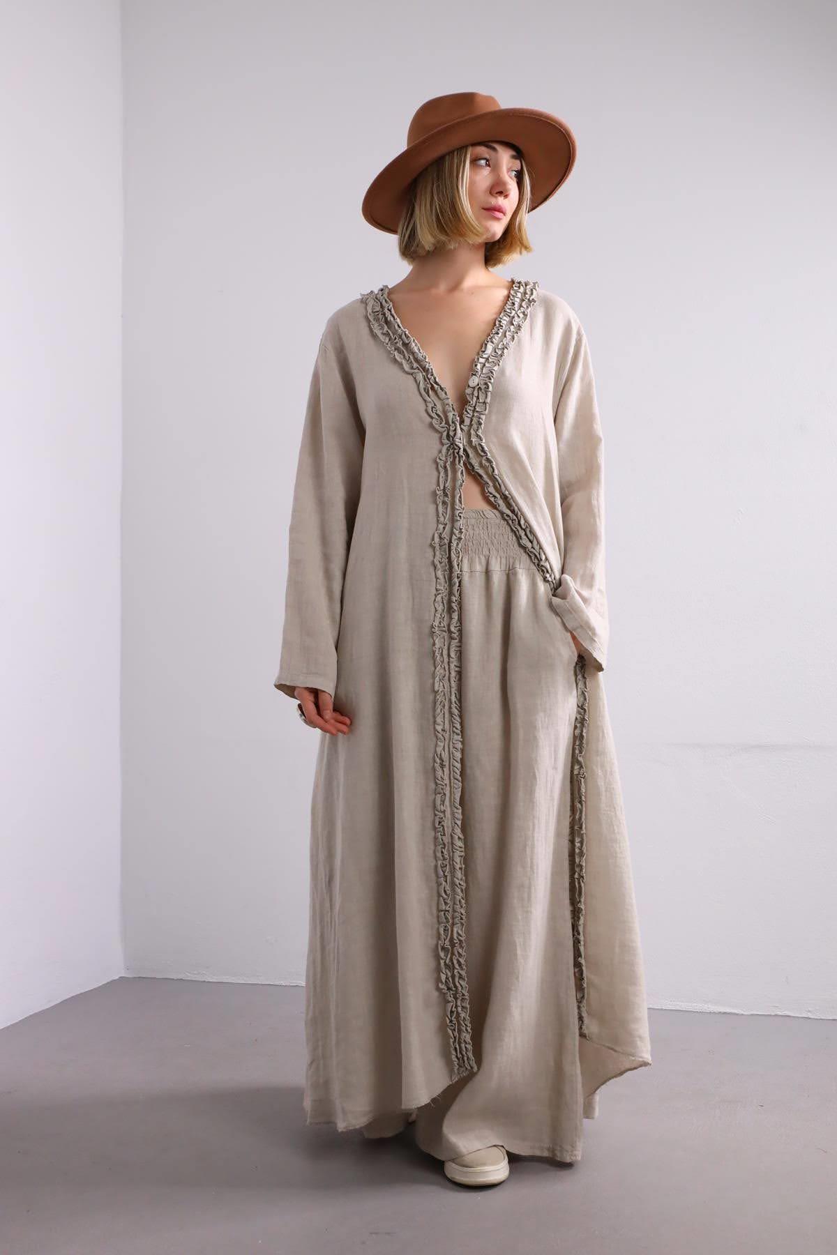 Krem Rengi Kenarları Fırfırlı Keten Kaftan - Şaman Butik Krem Rengi Kenarları Fırfırlı Keten Kaftan