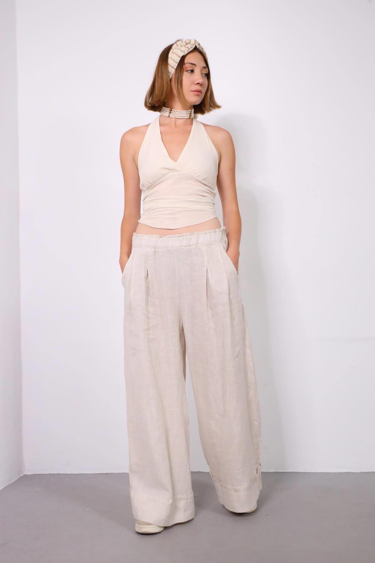 Krem Rengi Duble Paça Pileli Keten Pantolon - Şaman Butik Krem Rengi Duble Paça Pileli Keten Pantolon