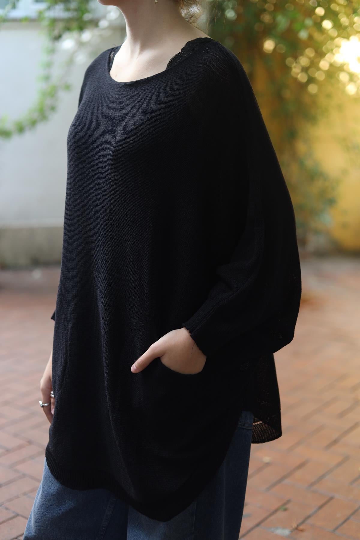 Siyah Oval Kesim Cepli Triko Tunik