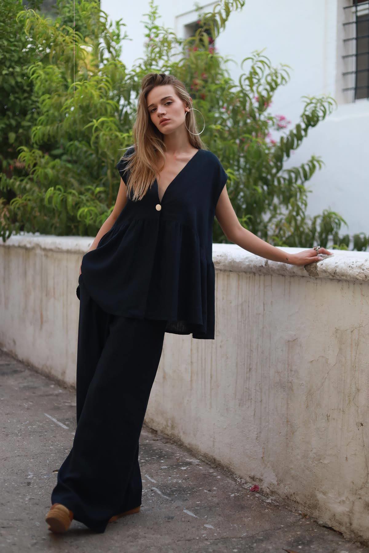 Navy Blue Single Button Linen Vest and Pants Set