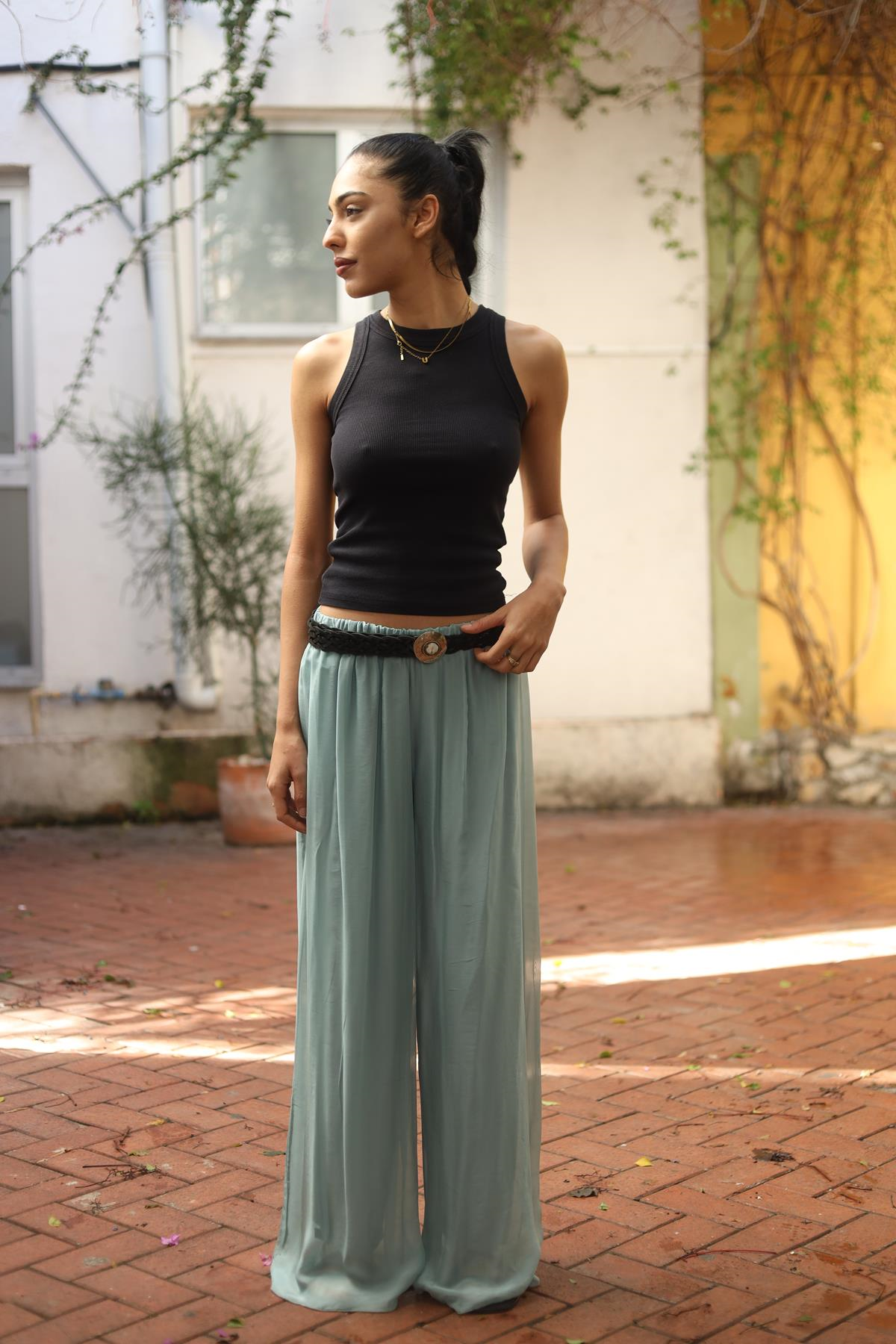 Turquoise Elastic Waist Silk Pants