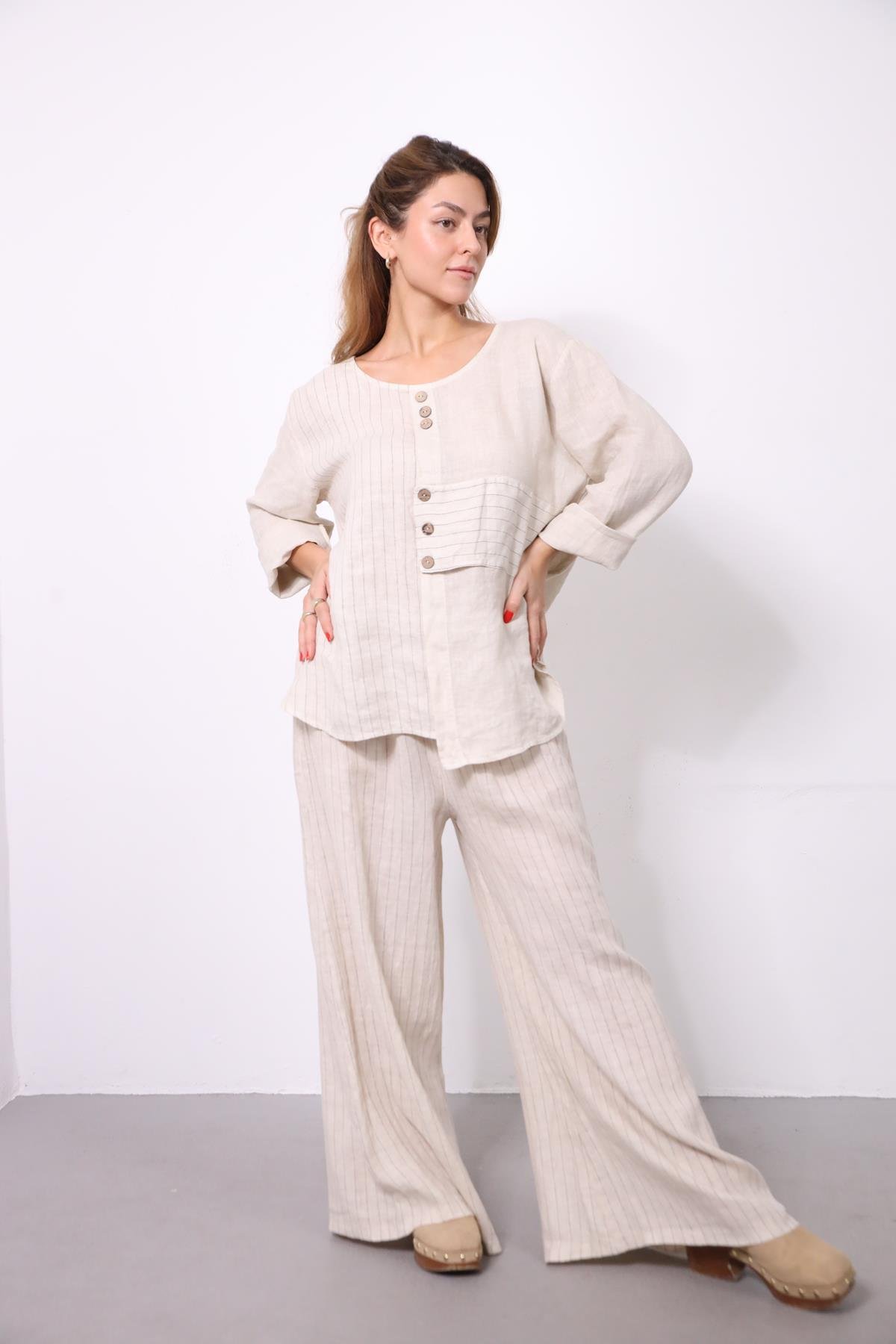  Krem Rengi Düğme Detaylı Çizgili Keten Takım