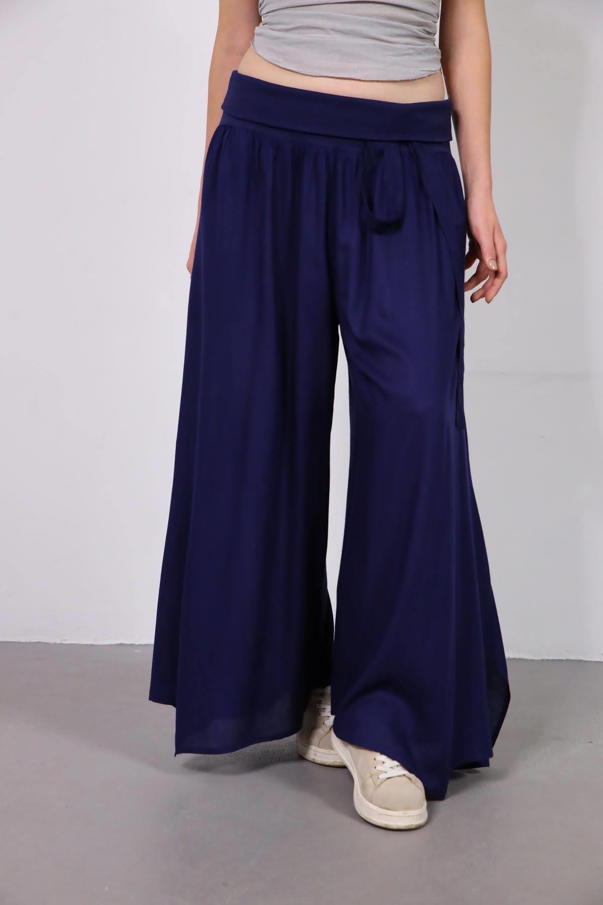  Lacivert Beli İpli Yırtmaçlı Yarasa Pantolon