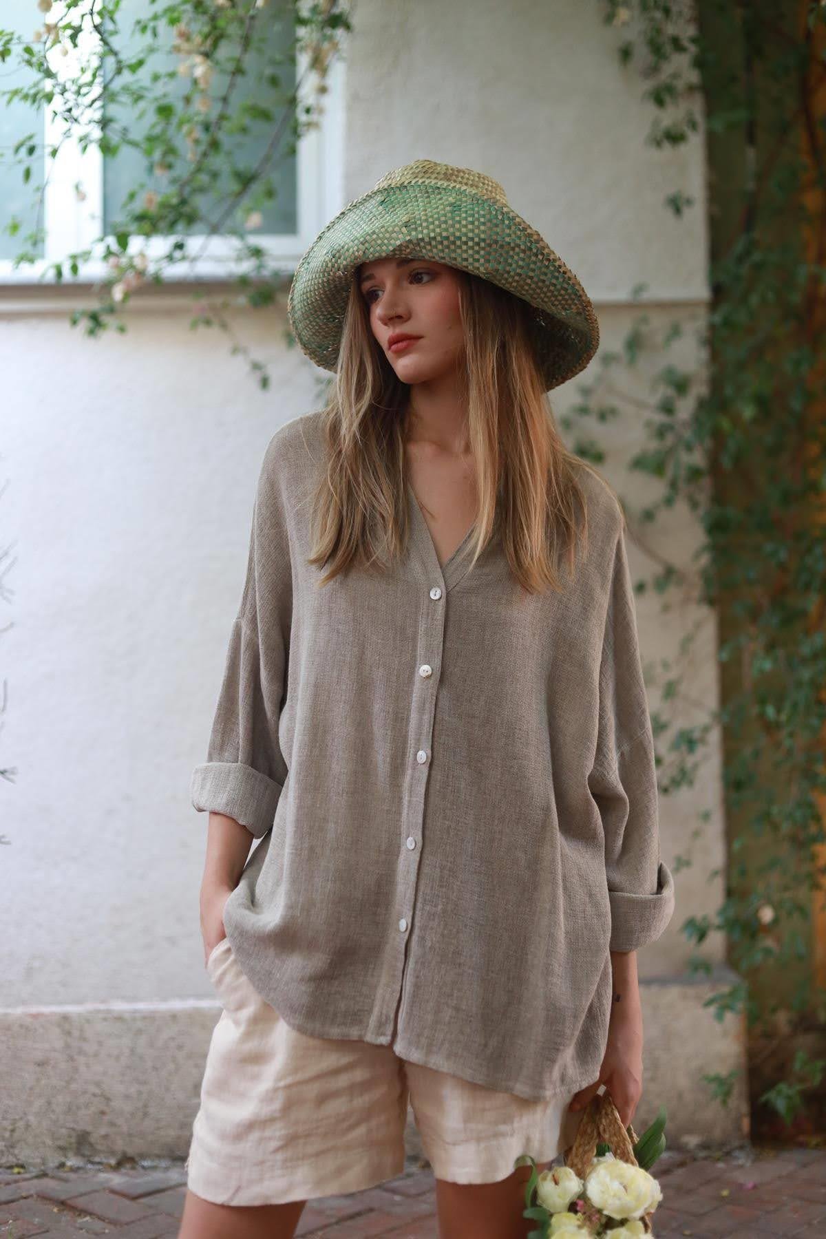 Mink Color Mandarin Collar Soft Linen Shirt