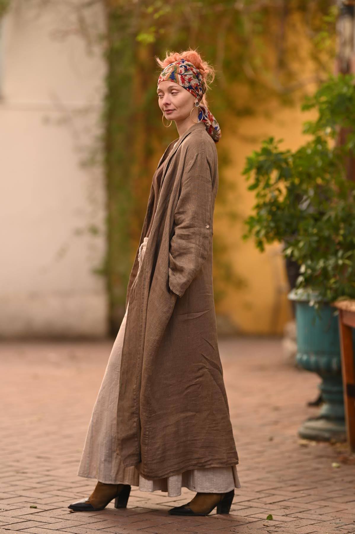 Sütlü Kahve Kolları Apoletli Çizgili Keten Kaftan