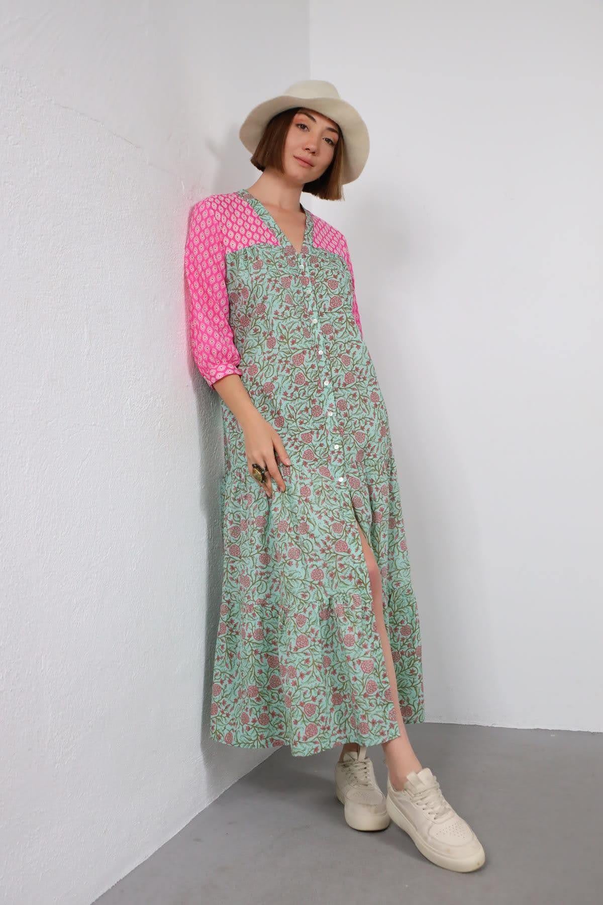 Turkuaz ve Pembe Çiçek İşlemeli Gömlek Elbise - Şaman Butik Turkuaz ve Pembe Çiçek İşlemeli Gömlek Elbise