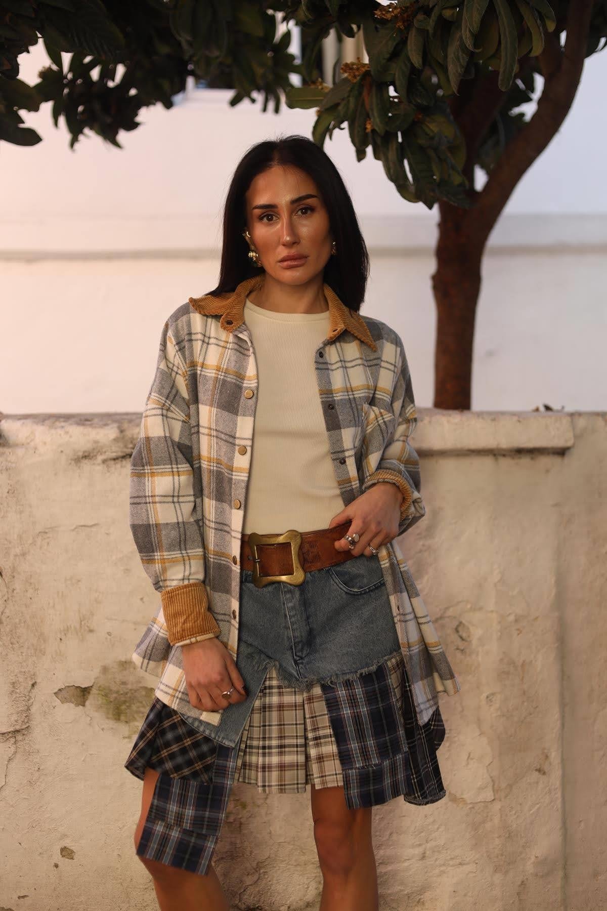 Gri Yakası Kadife Ekose Oduncu Gömlek