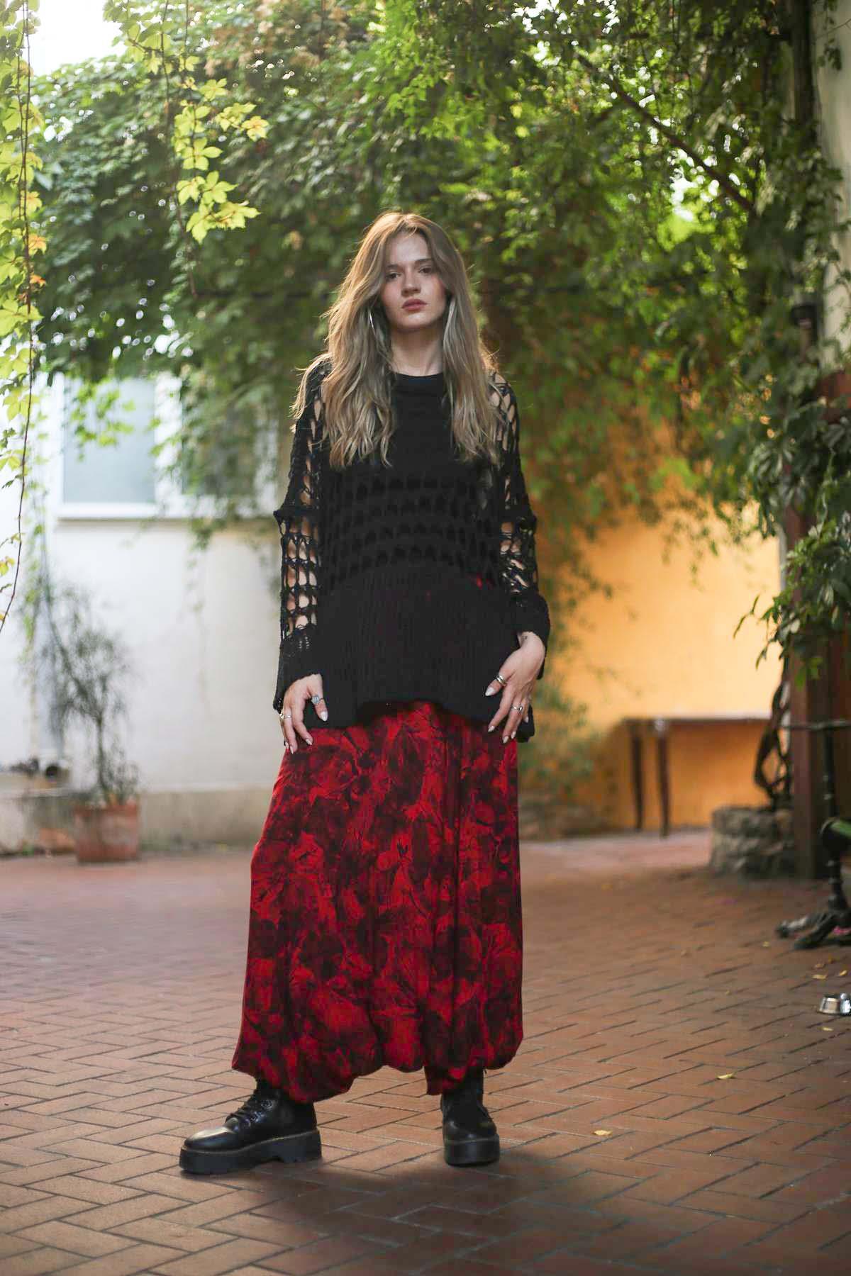 Bordo Desenli Beli Gipeli Bohem Şalvar