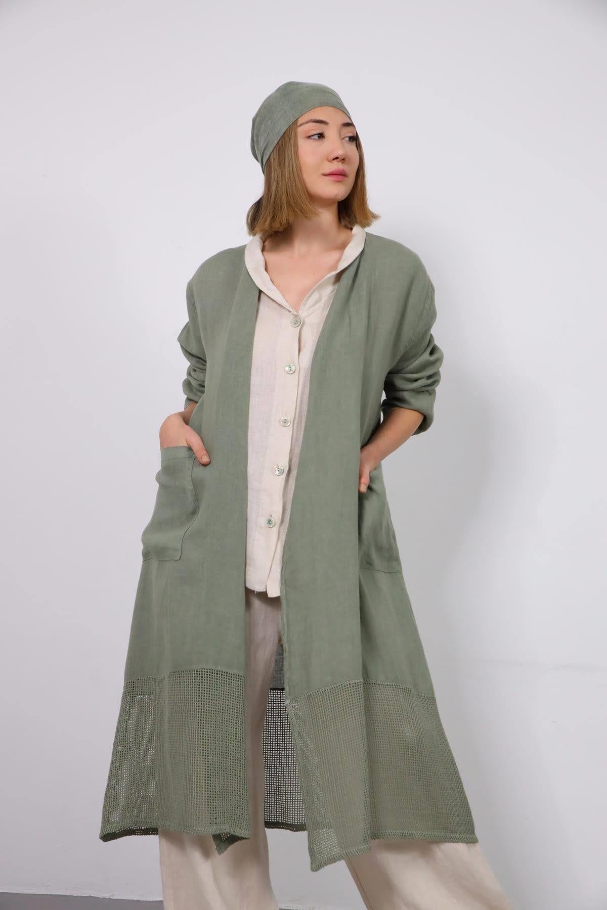Khaki Mesh Detail Linen Caftan - Saman Butik | Shop Online Khaki Mesh Detail Linen Caftan