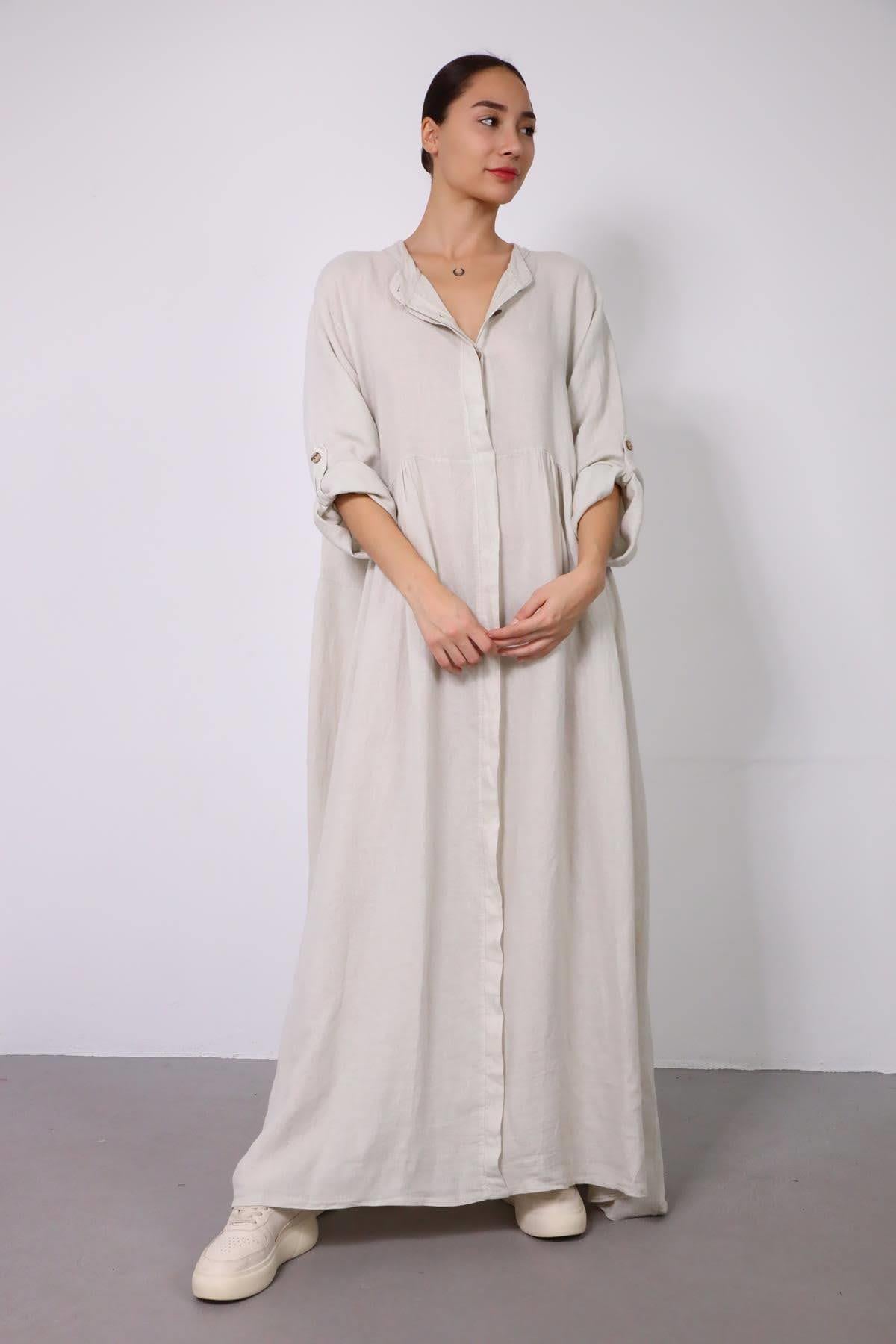  Krem Rengi Kolu Apoletli Hakim Yaka Keten Elbise