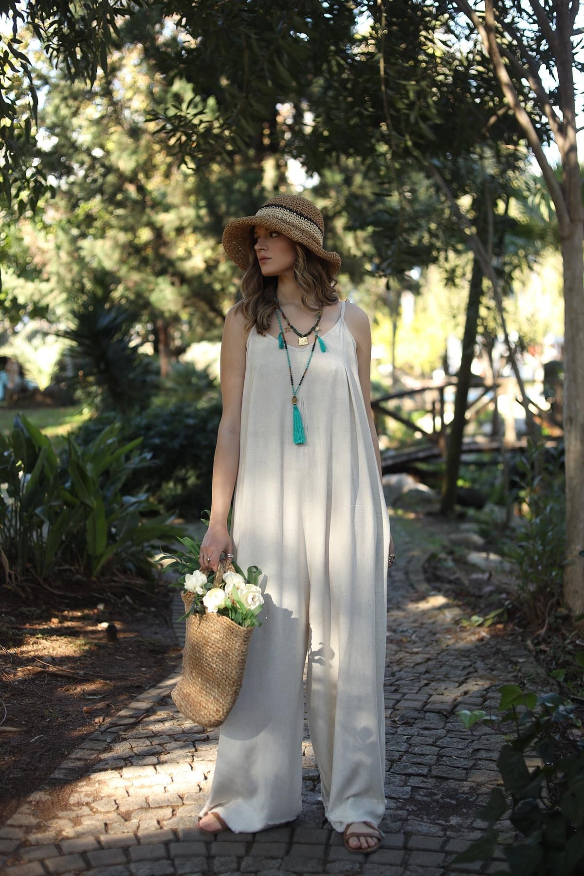 Krem Rengi İnce Askılı Keten Tulum