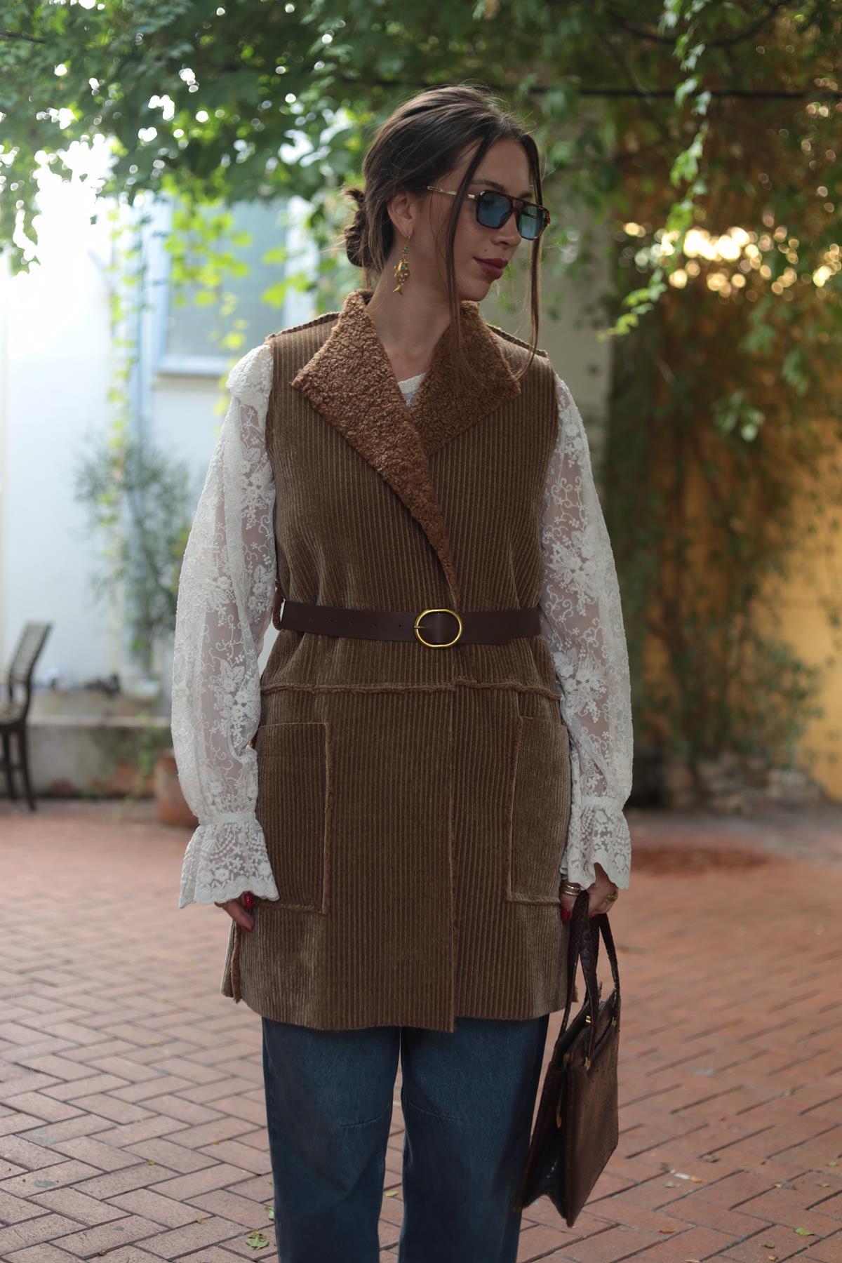 Camel Rengi İçi Peluş Uzun Kadife Yelek