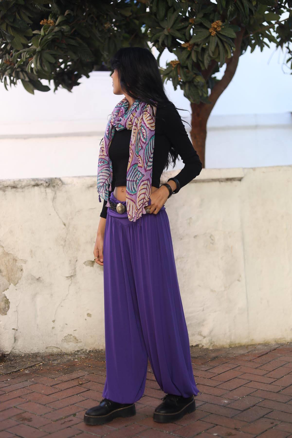 Mor Beli Drapeli Paçası Lastikli Şalvar Pantolon