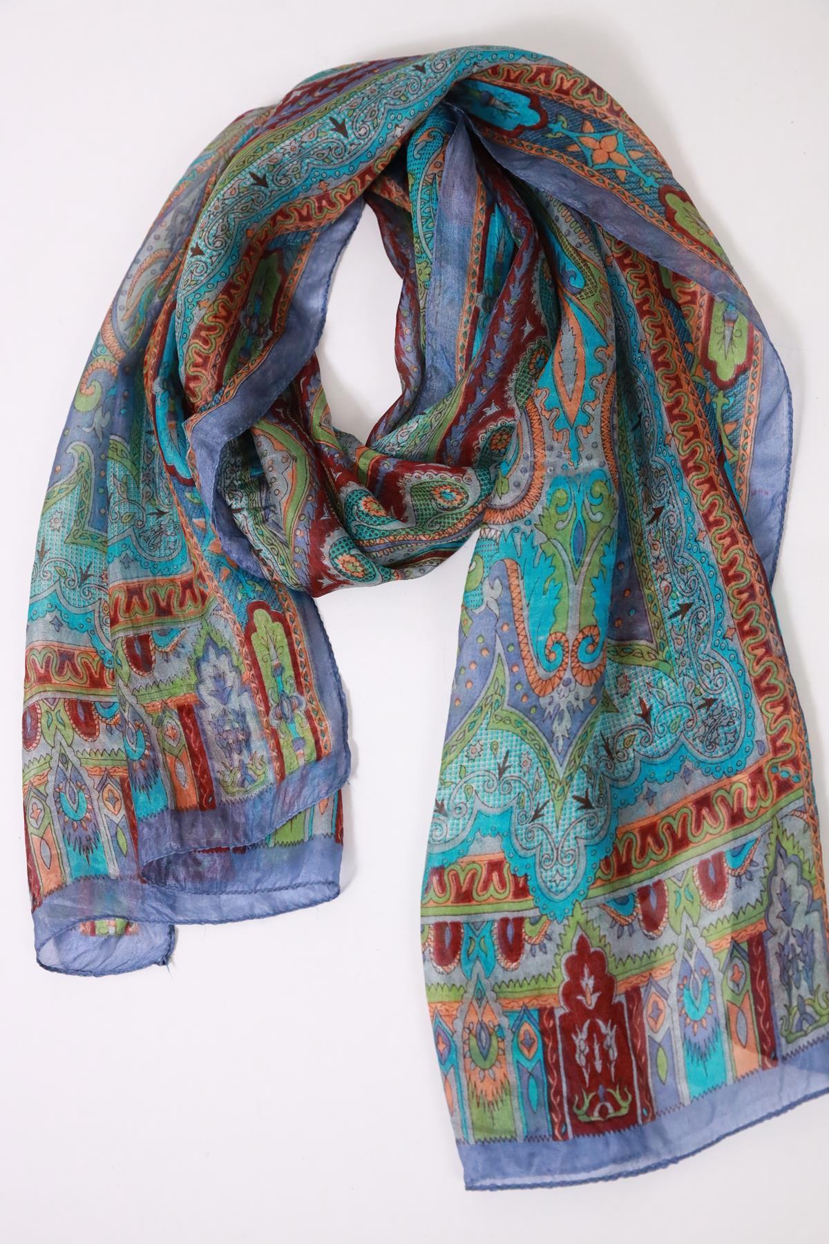 İndigo Mavi Desenli İpek Şal - Şaman Butik İndigo Mavi Desenli İpek Şal