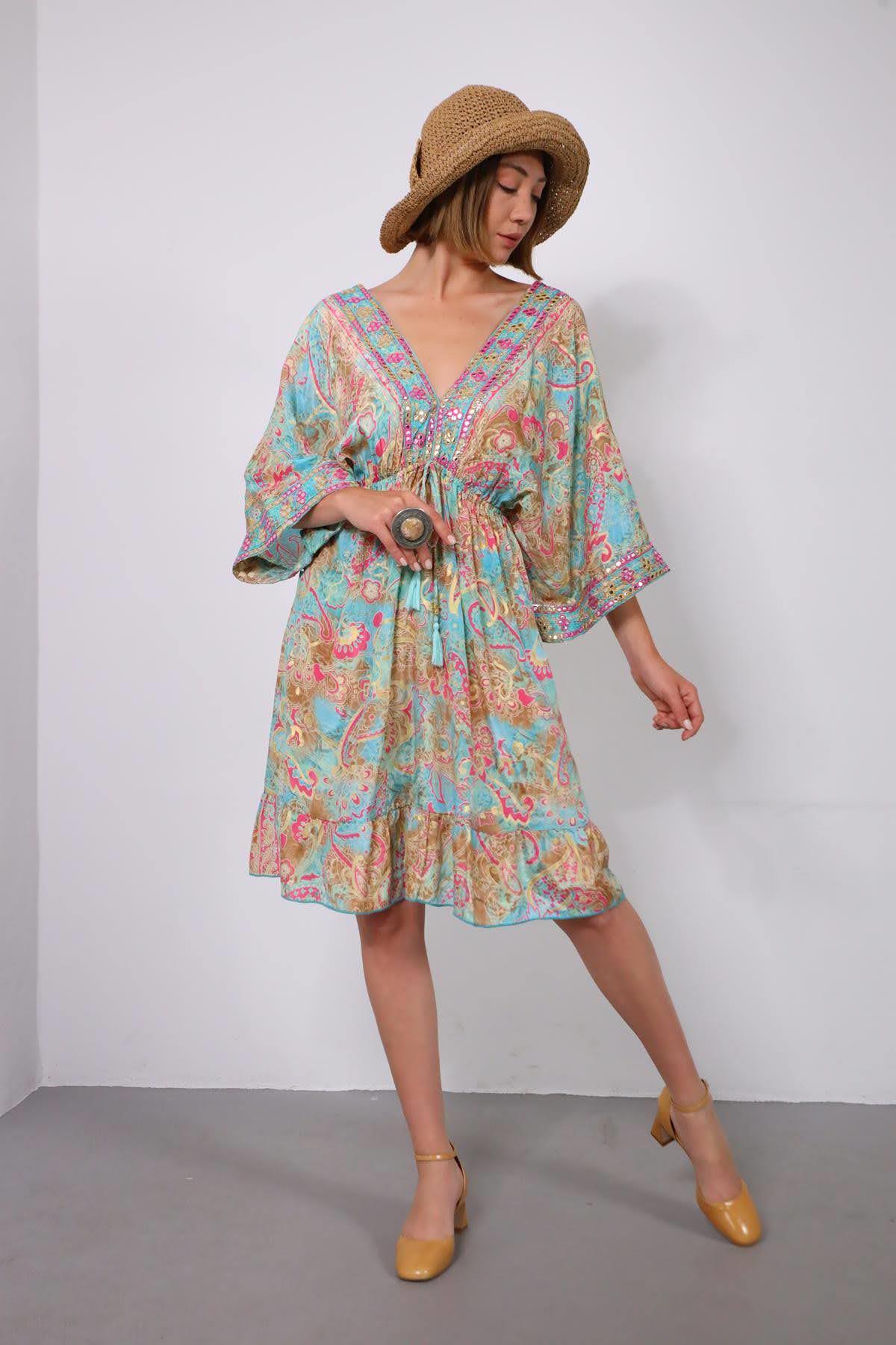 Açık Mavi Önü Arkası V Yaka Otantik İpek Elbise - Şaman Butik Açık Mavi Önü Arkası V Yaka Otantik İpek Elbise