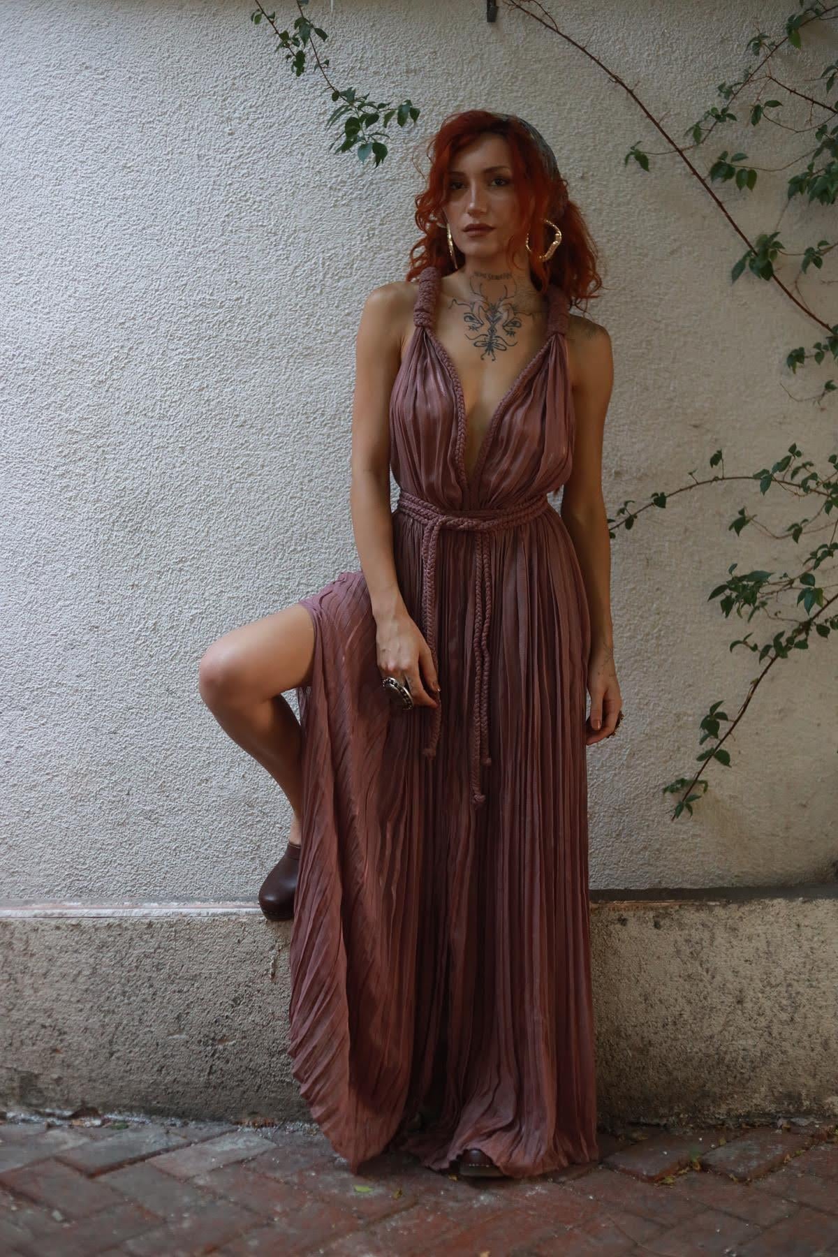 Dark Dusty Rose V Neck Thick Knit Strappy Dress