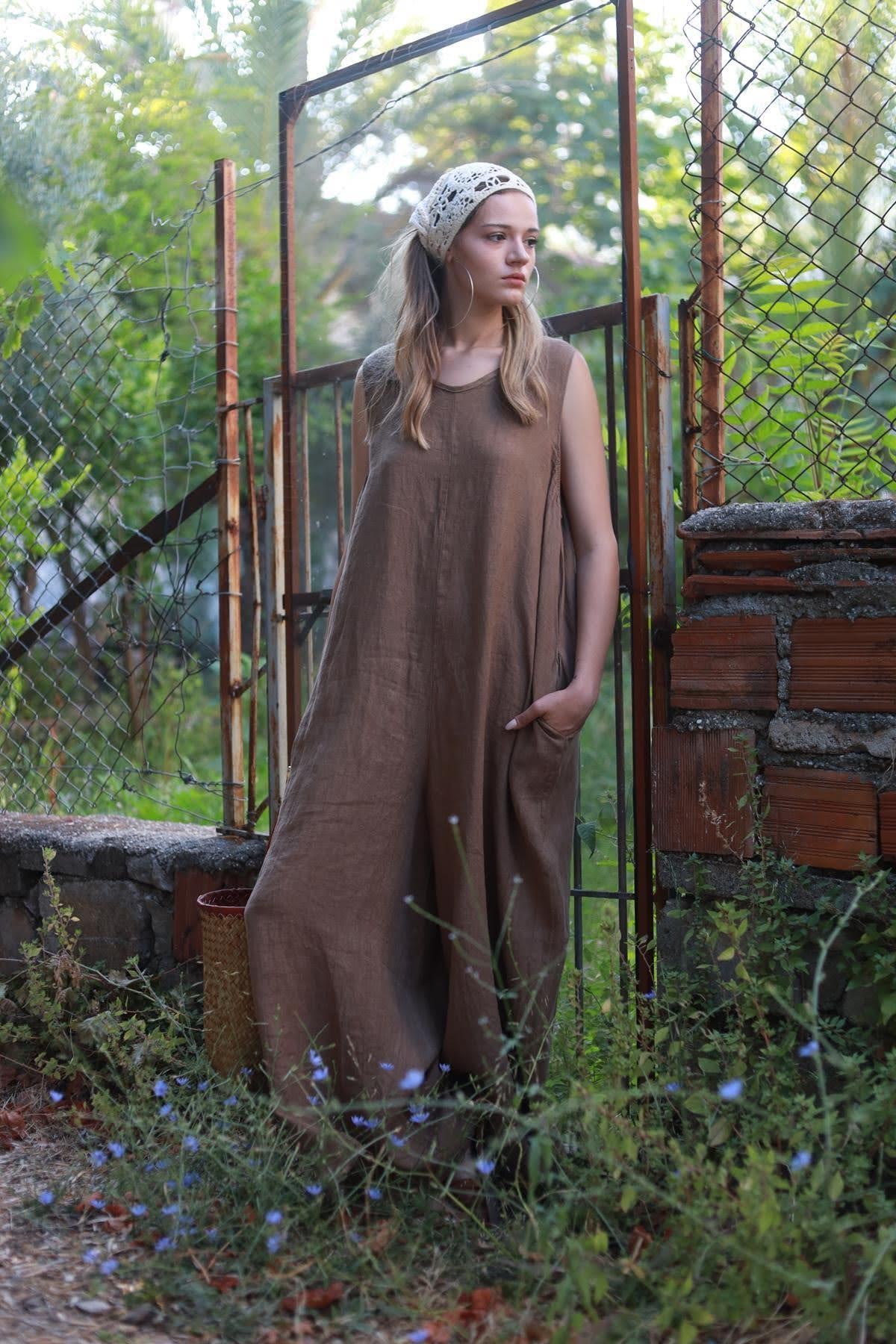 Light Brown Zipper Linen Jumpsuit