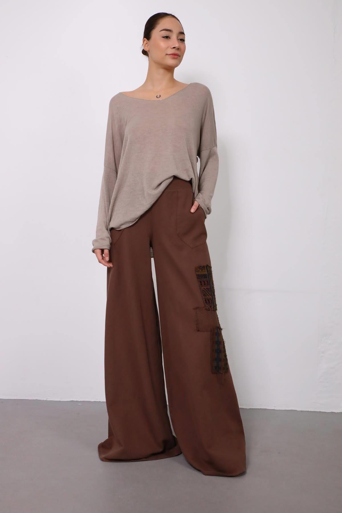 Brown Fillet Detailed Wide Leg Trousers - Saman Butik | Shop Online Brown Fillet Detailed Wide Leg Trousers
