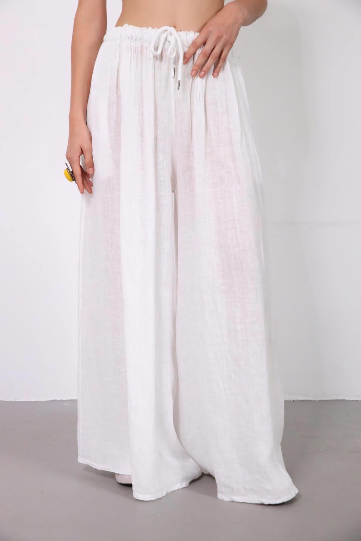Beyaz Geniş Paça Beli Lastikli Keten Pantolon - Şaman Butik Beyaz Geniş Paça Beli Lastikli Keten Pantolon
