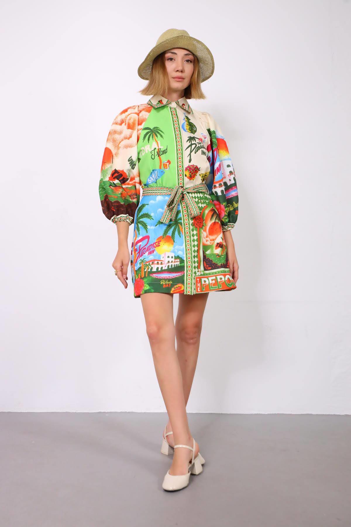 Krem Rengi Desenli Gömlek Yaka Düğmeli Tasarım Elbise - Şaman Butik Krem Rengi Desenli Gömlek Yaka Düğmeli Tasarım Elbise