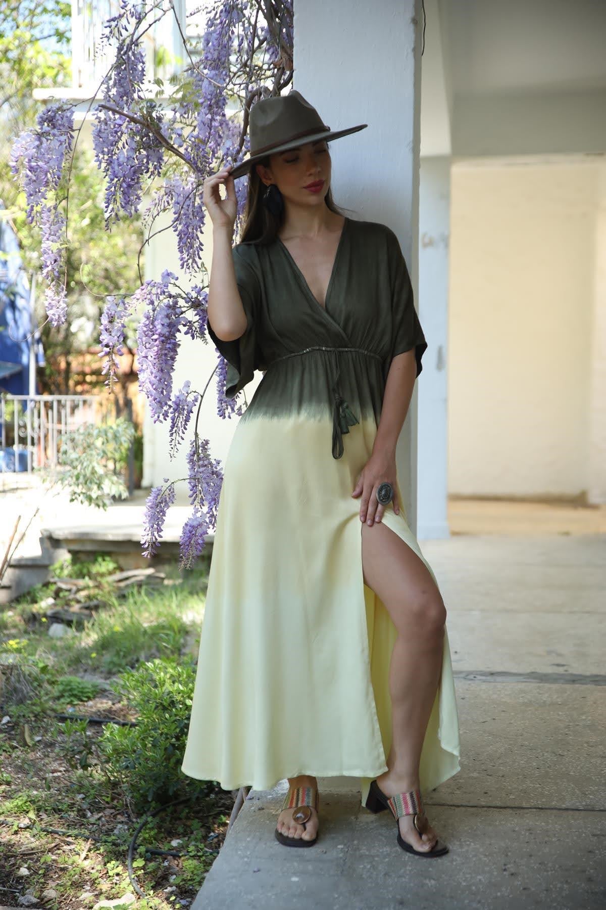 Haki Kruvaze Yaka Renk Geçişli Elbise