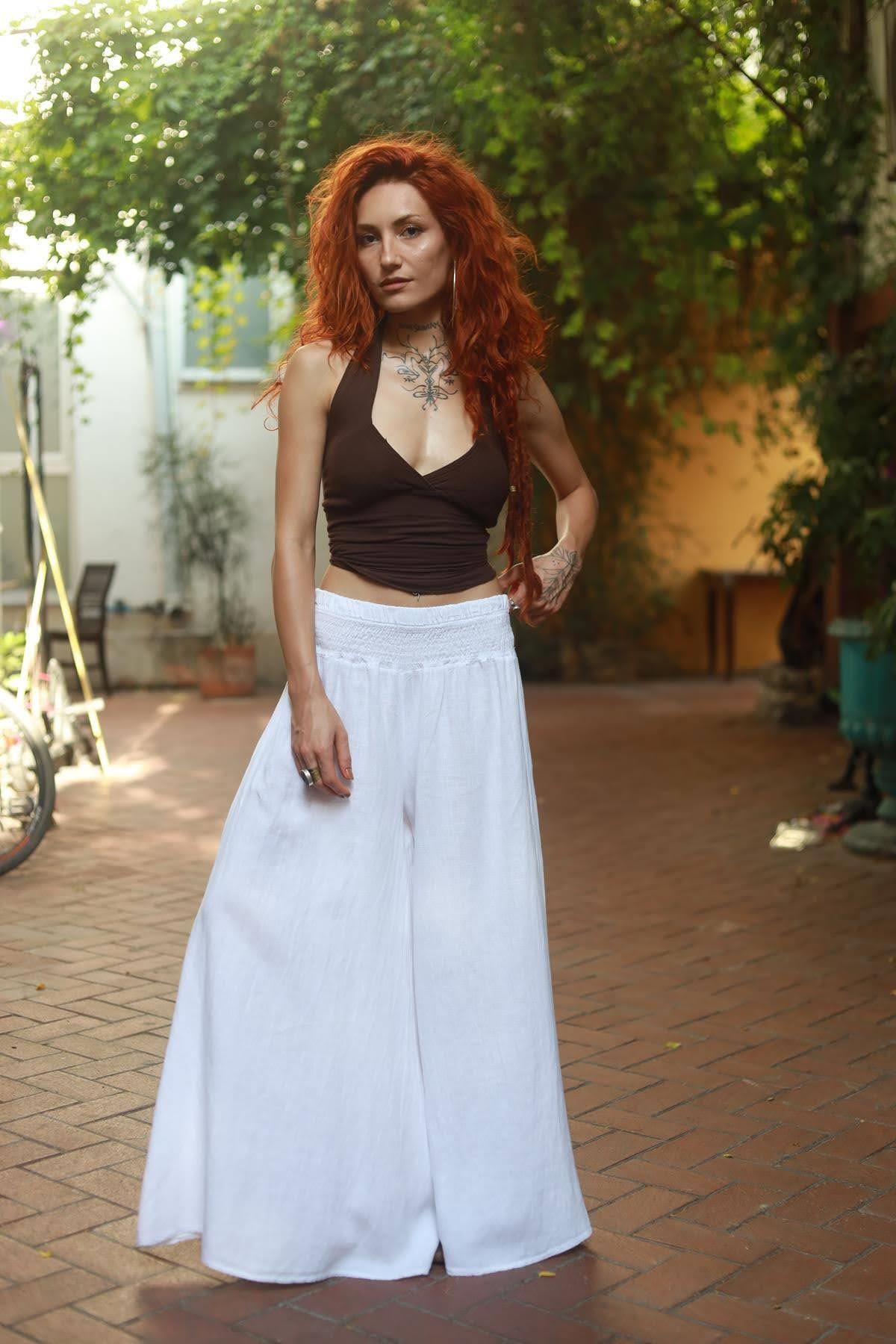 Beyaz Geniş Paça Beli Gipeli Keten Pantolon