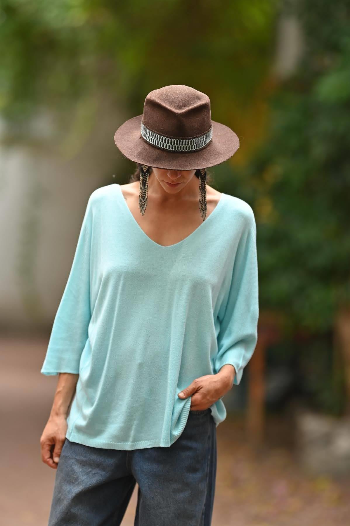 Turkuaz V Yaka Modal Bluz