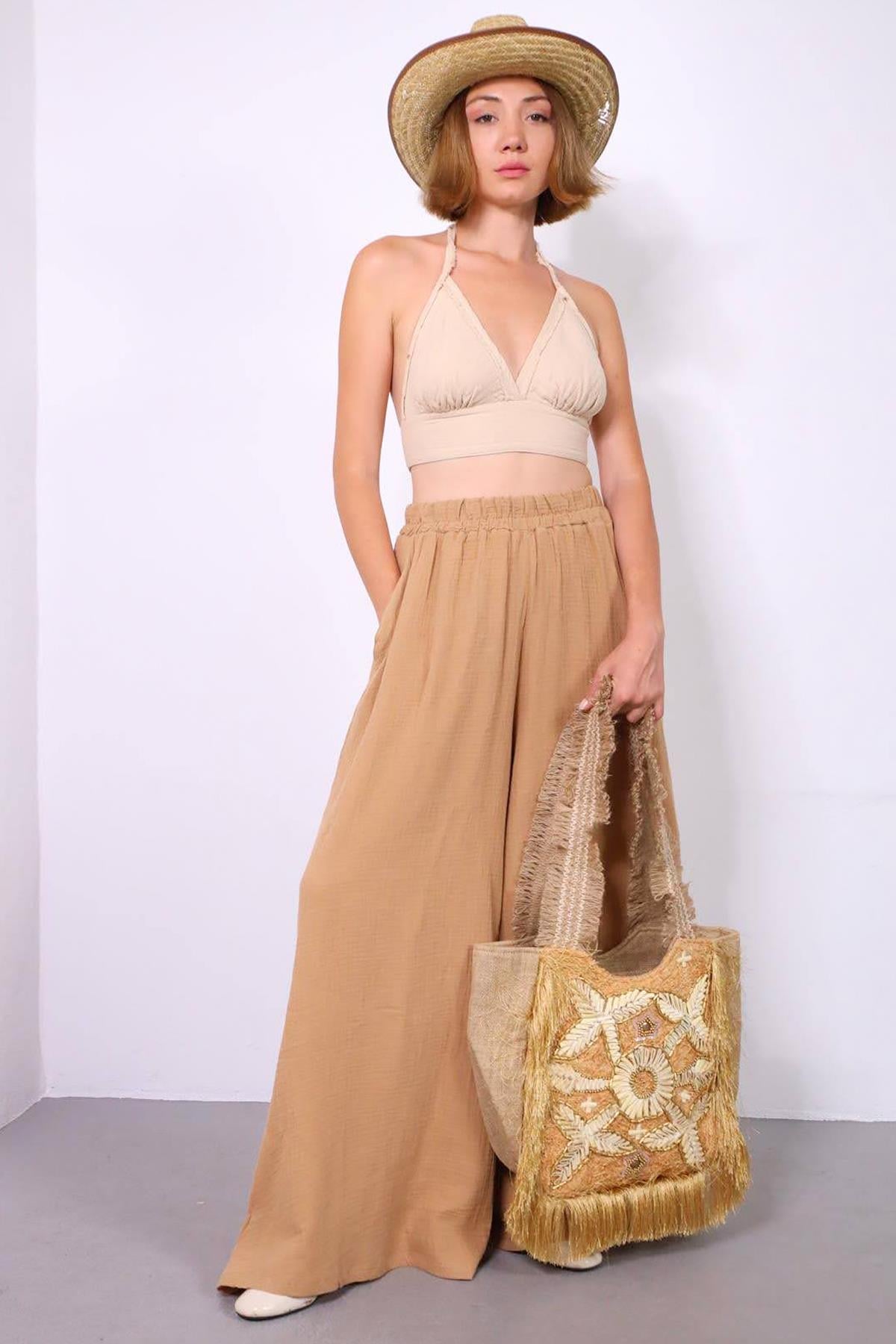  Bej Püsküllü Otantik İşlemeli Tasarım Hasır Çanta