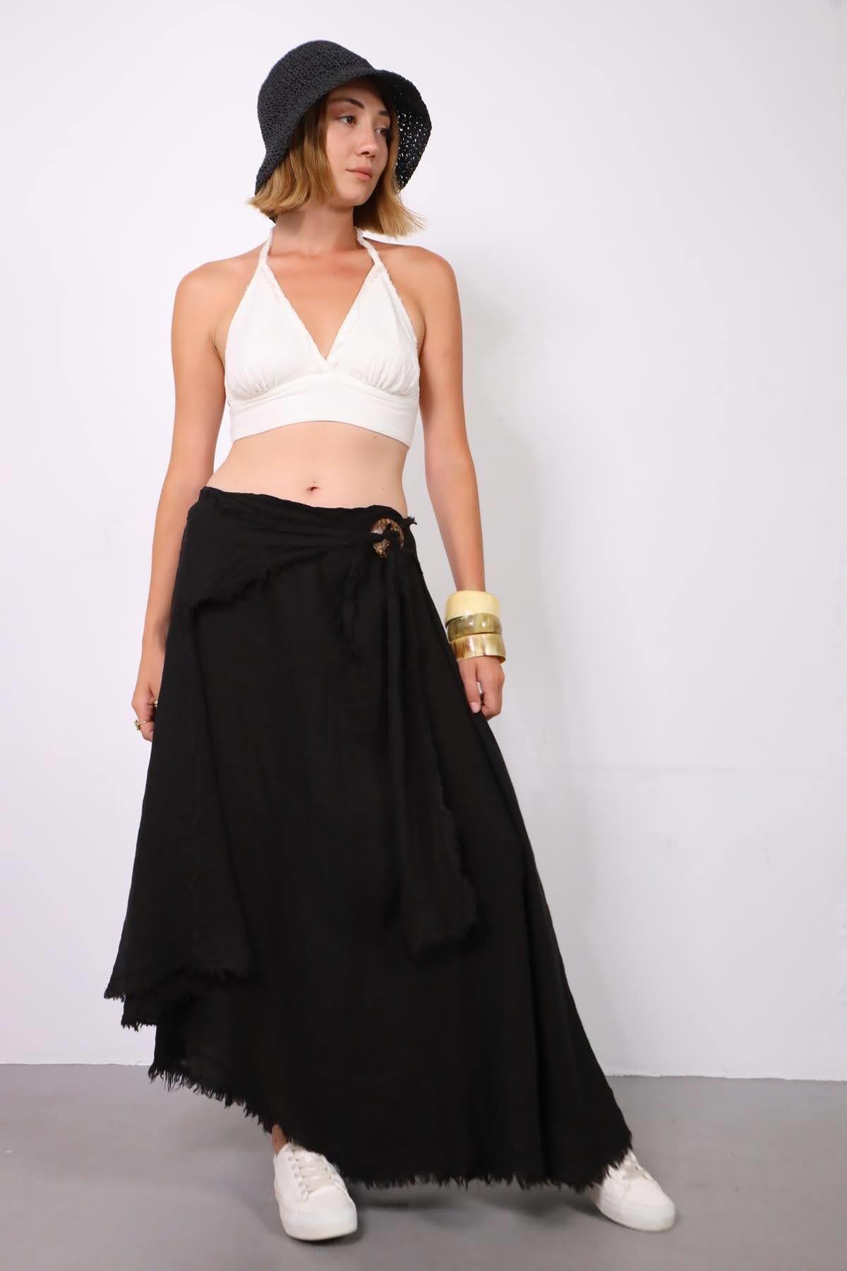 Siyah Püsküllü Kemerli Keten Etek - Şaman Butik Siyah Püsküllü Kemerli Keten Etek
