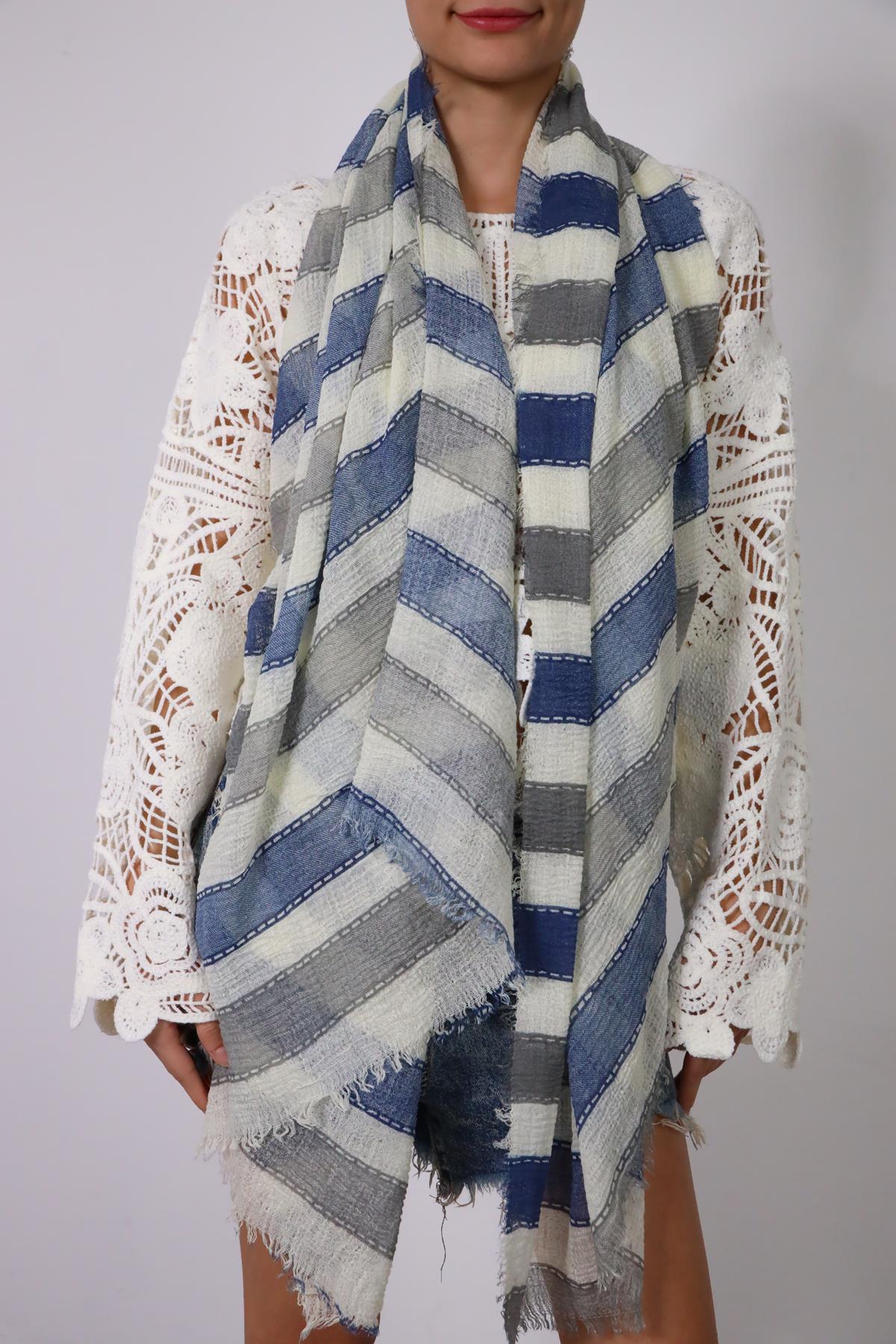  Mavi Gri Film Şeridi Desenli Şal