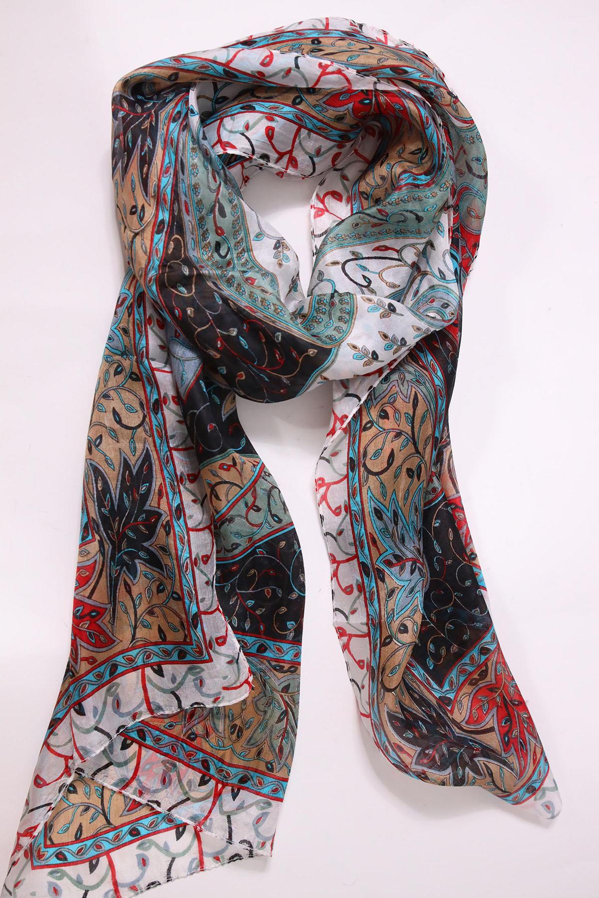 Ekru Desenli İpek Şal - Şaman Butik Ekru Desenli İpek Şal